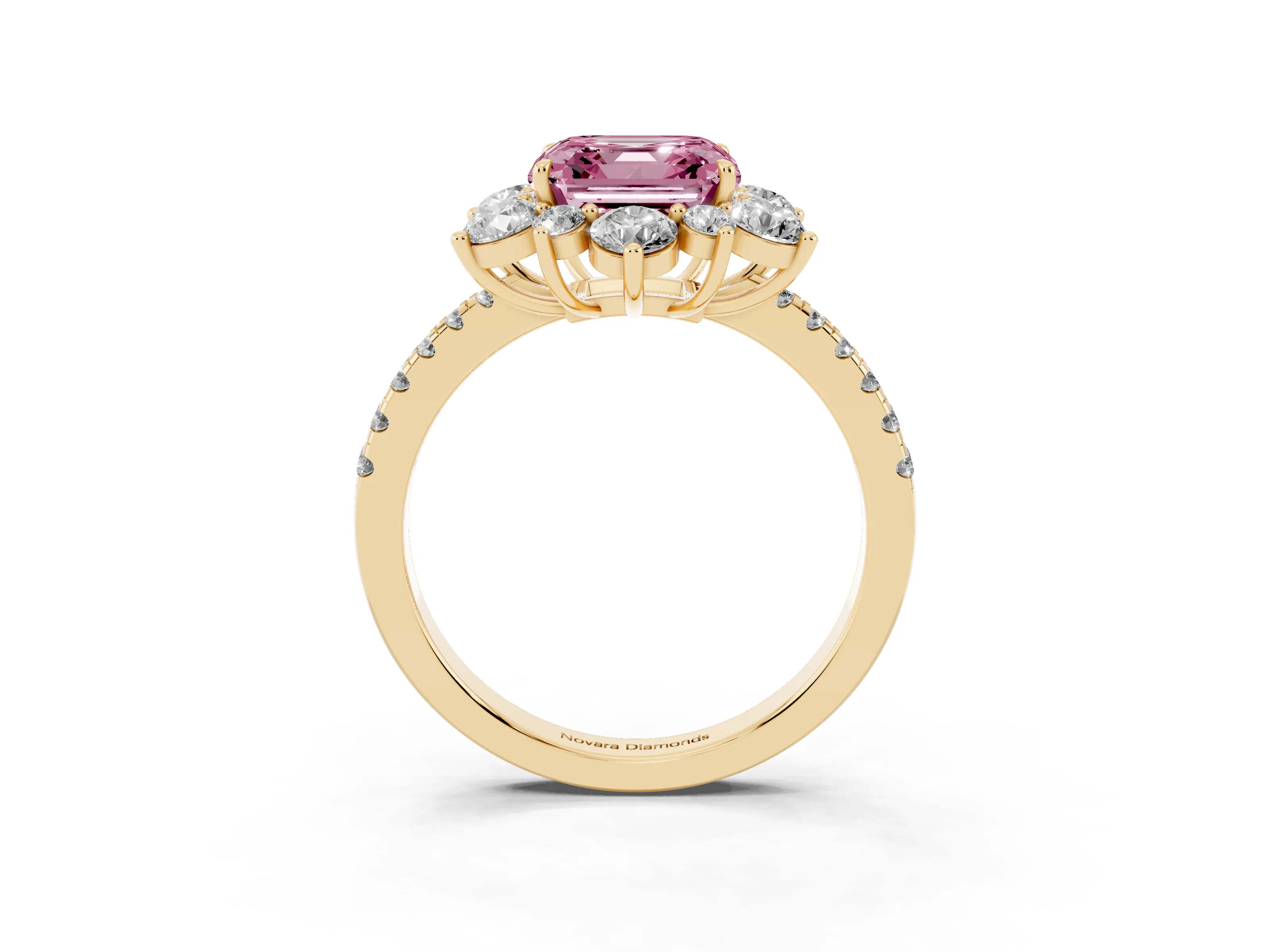 Fancy Pink Asscher Cut Diamond Floral Halo Ring Set in Yellow gold with Round Pavé Band and Prong Setting