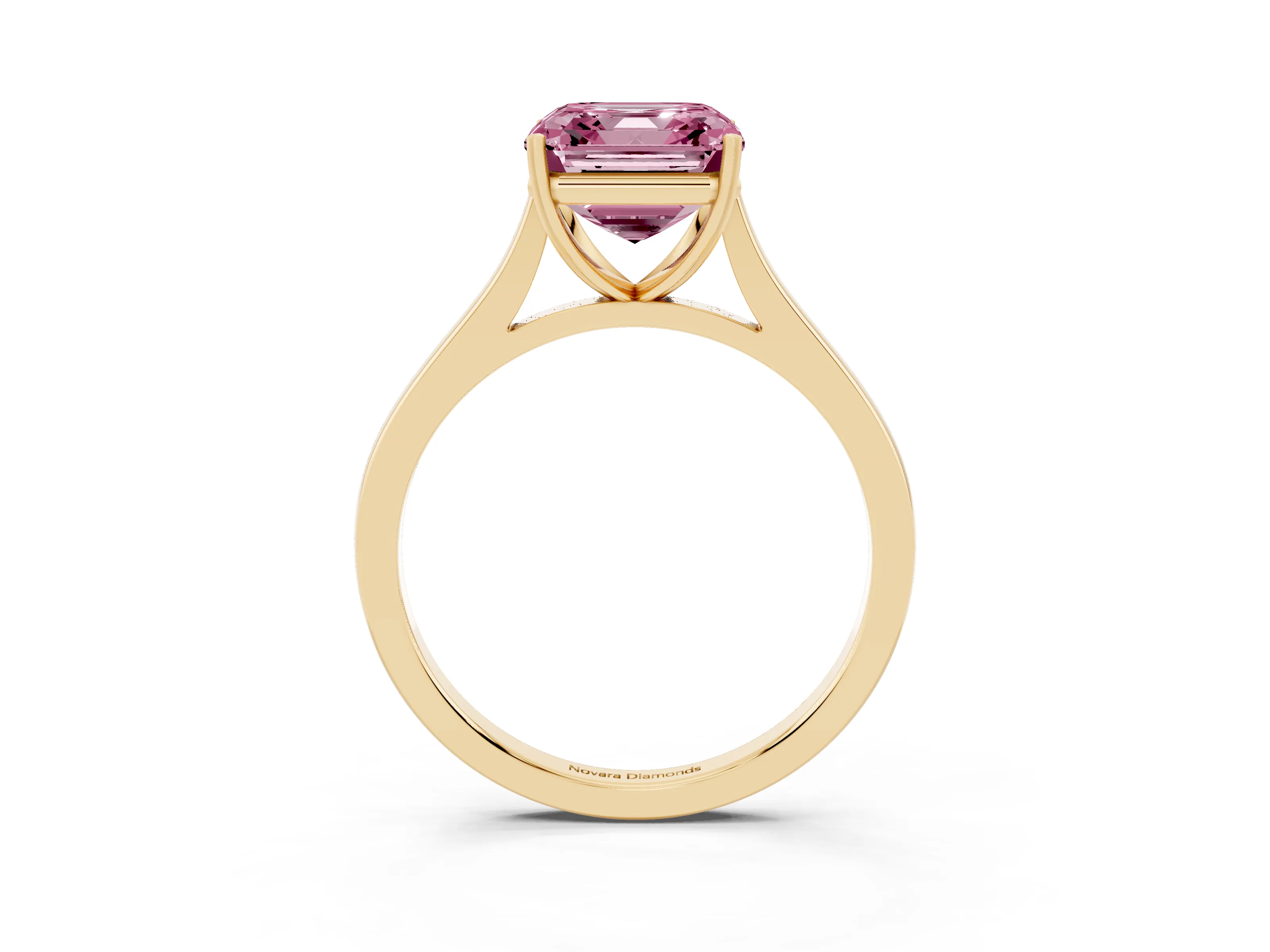 Fancy Pink Asscher Cut Diamond Solitaire Heart Prong Engagement Ring Set in Yellow gold with Tapered Band
