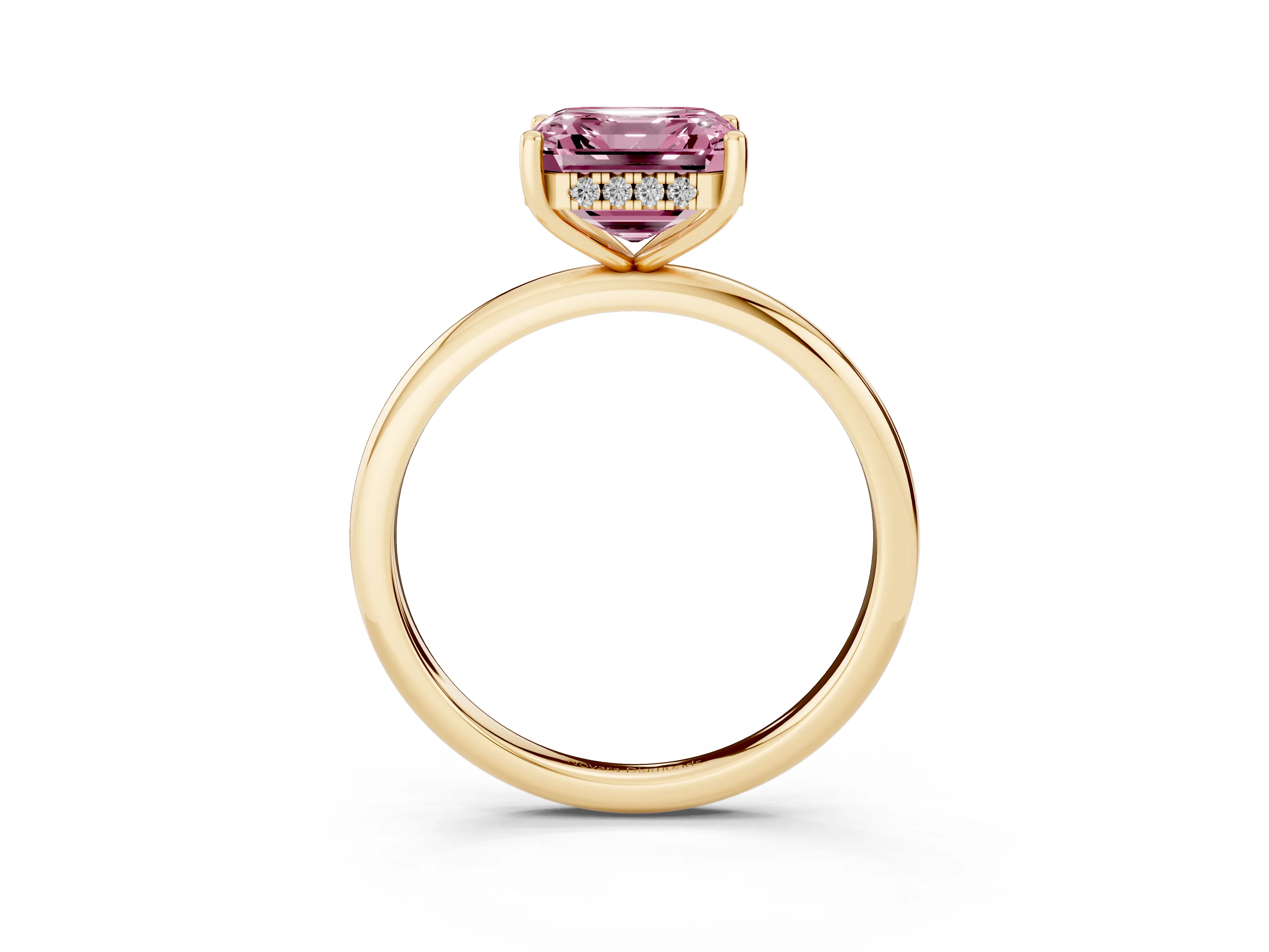 Fancy Pink Asscher Cut Diamond Solitaire Engagement Ring Set in Yellow gold with Prong Setting and Polished Band
