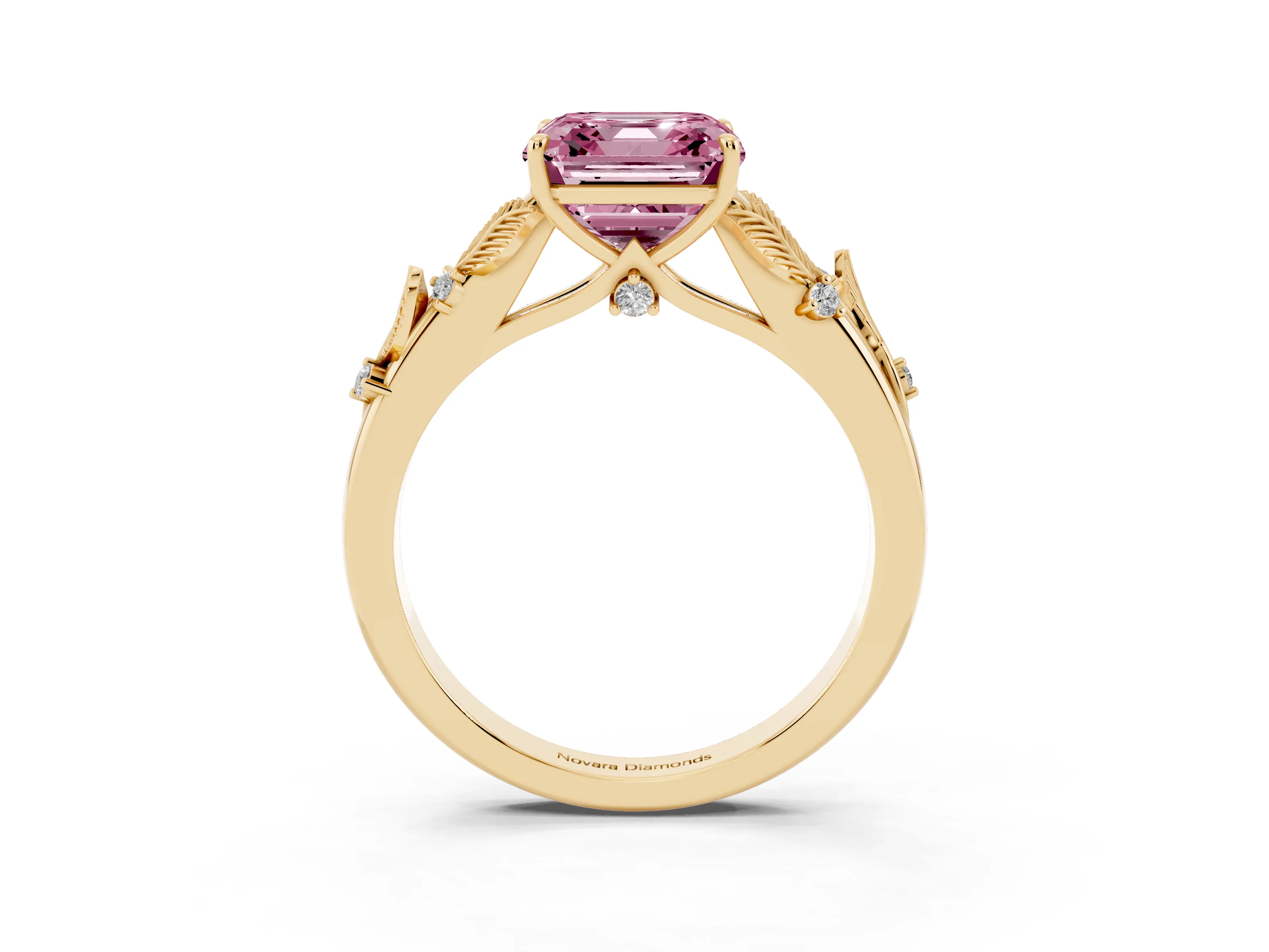 Fancy Pink Asscher Cut Diamond Solitaire Ring Set in Yellow gold with Leaf Motif Band
