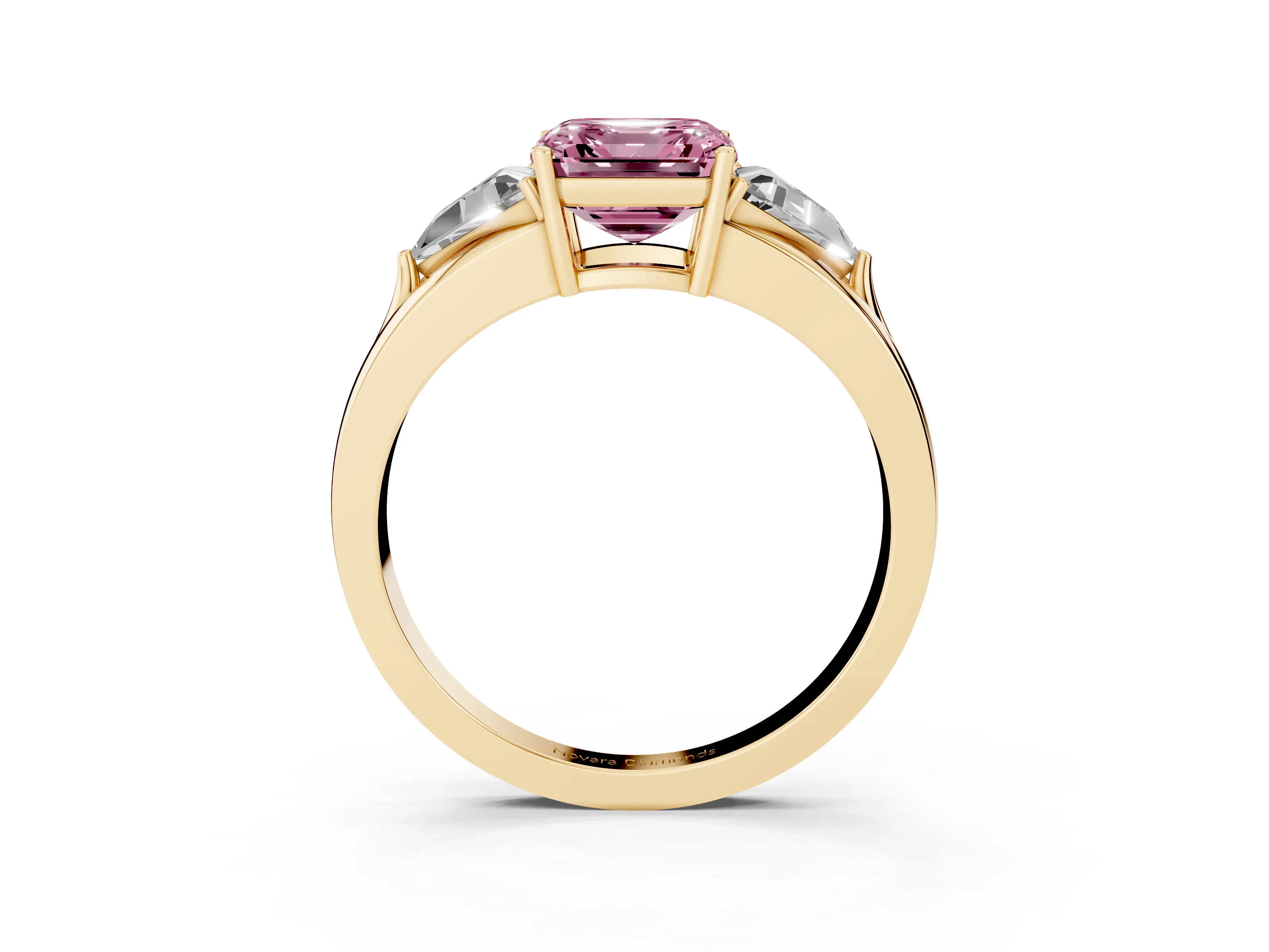 Fancy Pink Asscher Cut Diamond Three-Stone Ring Set in Yellow gold with Trillion Side Stones and Split Shank