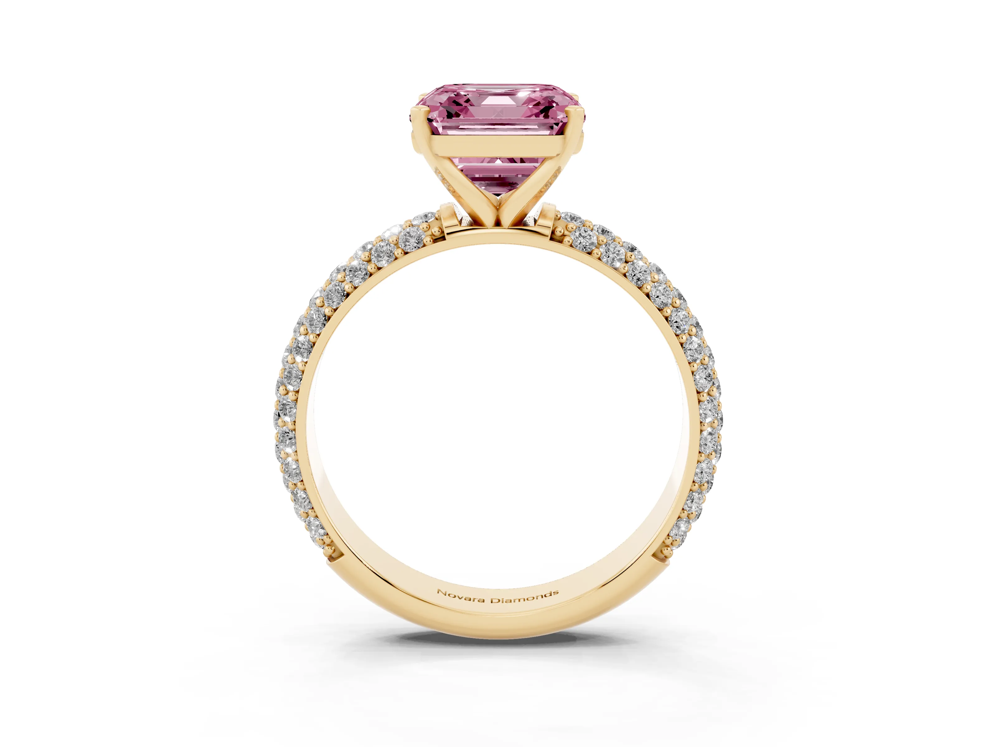 Fancy Pink Asscher Cut Diamond Solitaire Ring Set in Yellow gold with Prong Setting and Pavé-Set Band