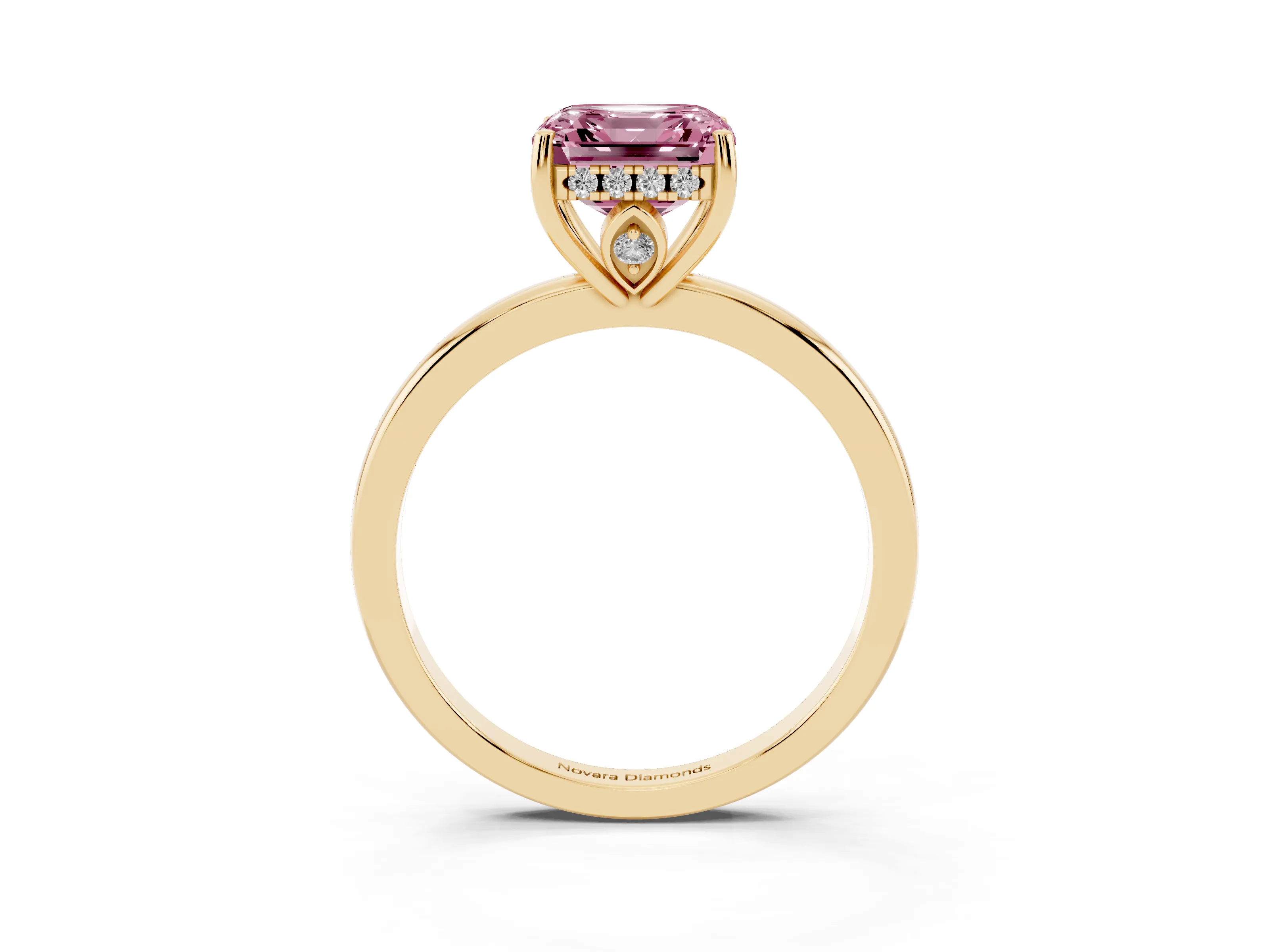 Fancy Pink Asscher Cut Diamond Solitaire Ring Set in Yellow gold with Plain Band and Prong Setting