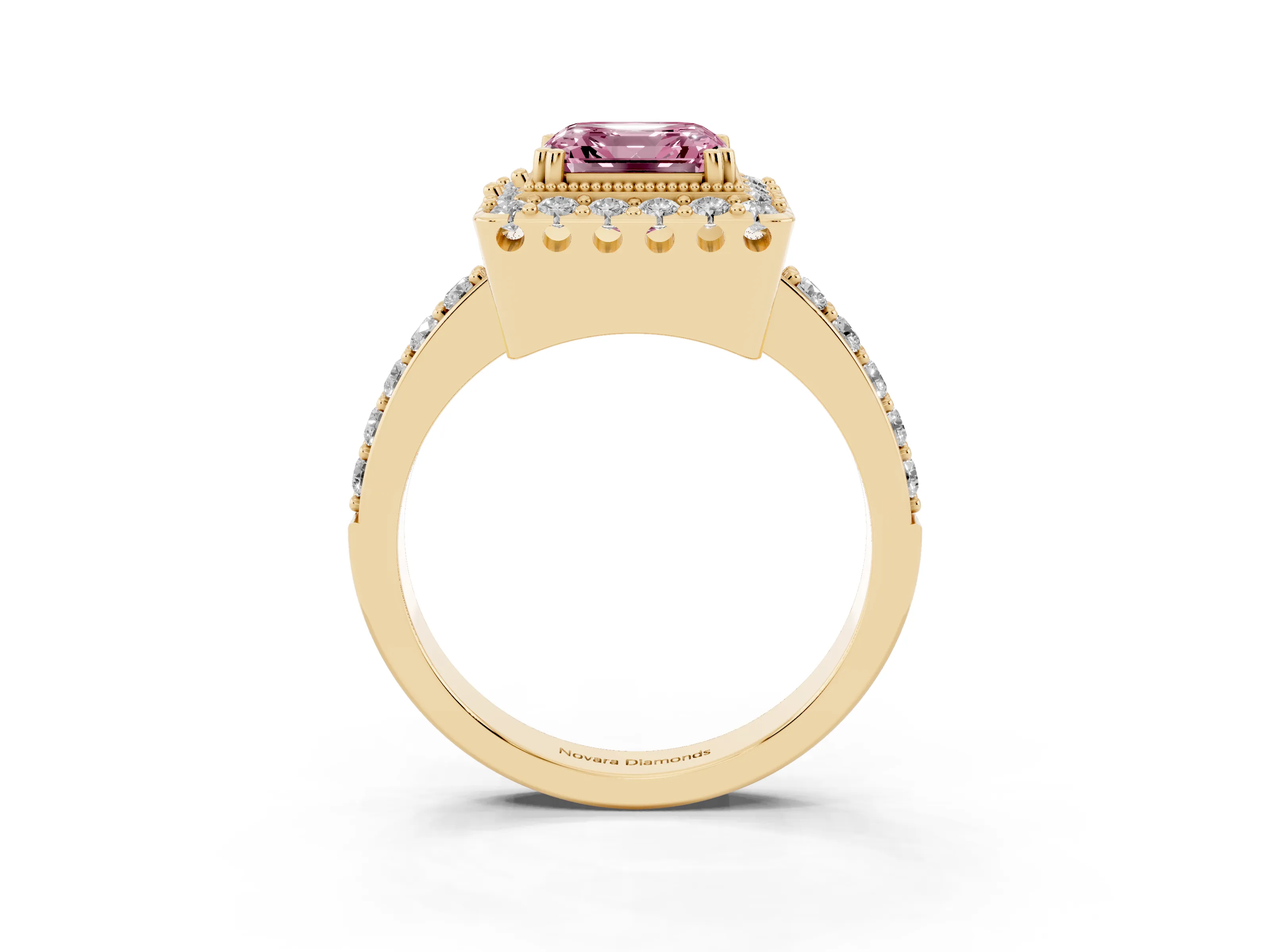 Fancy Pink Asscher Cut Diamond Halo Ring Set in Yellow gold with Pavé Shank and Prong Setting