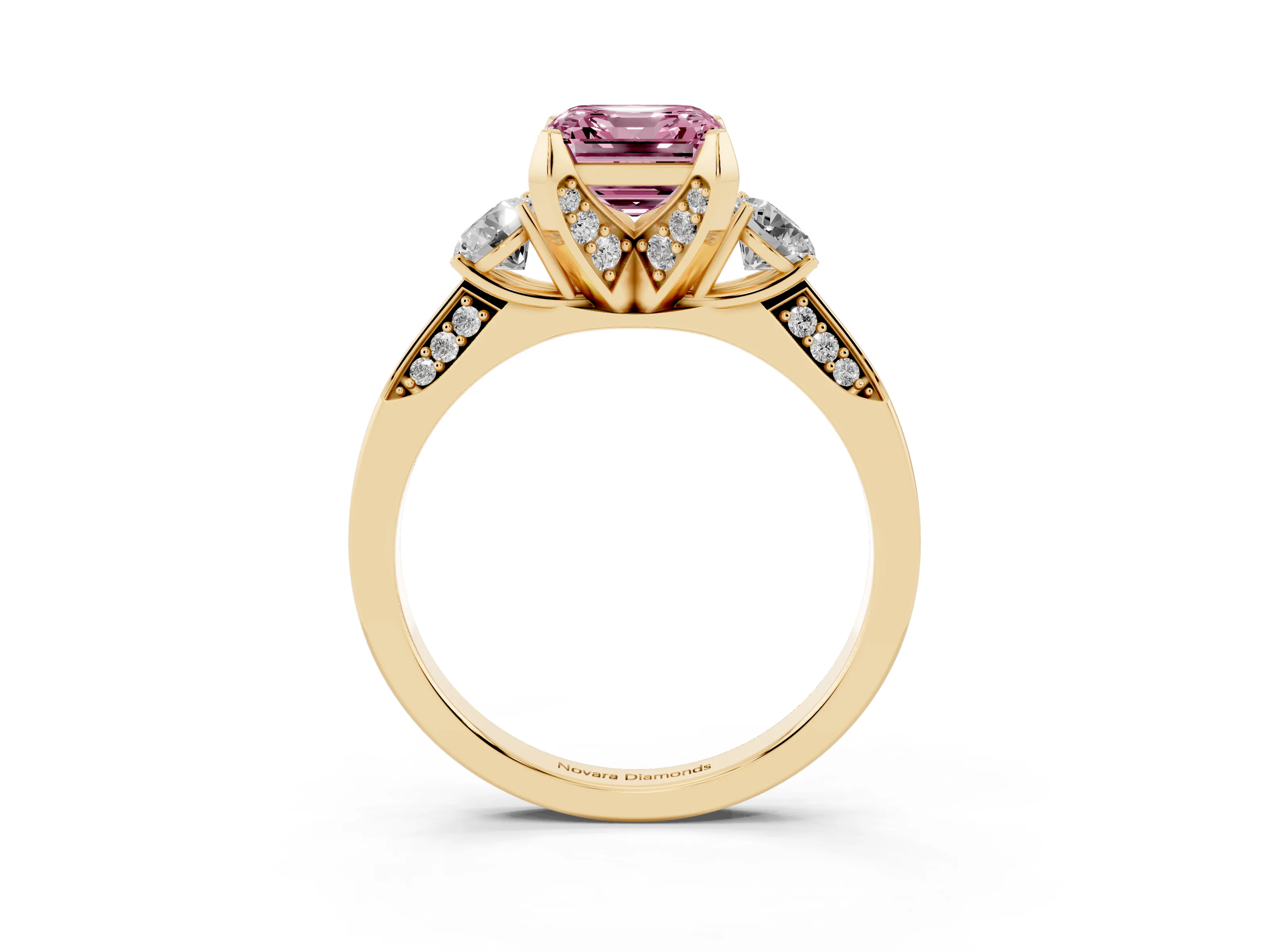 Fancy Pink Asscher Cut Diamond Three-Stone Ring Set in Yellow gold with Pavé Band and Smaller Side Stones