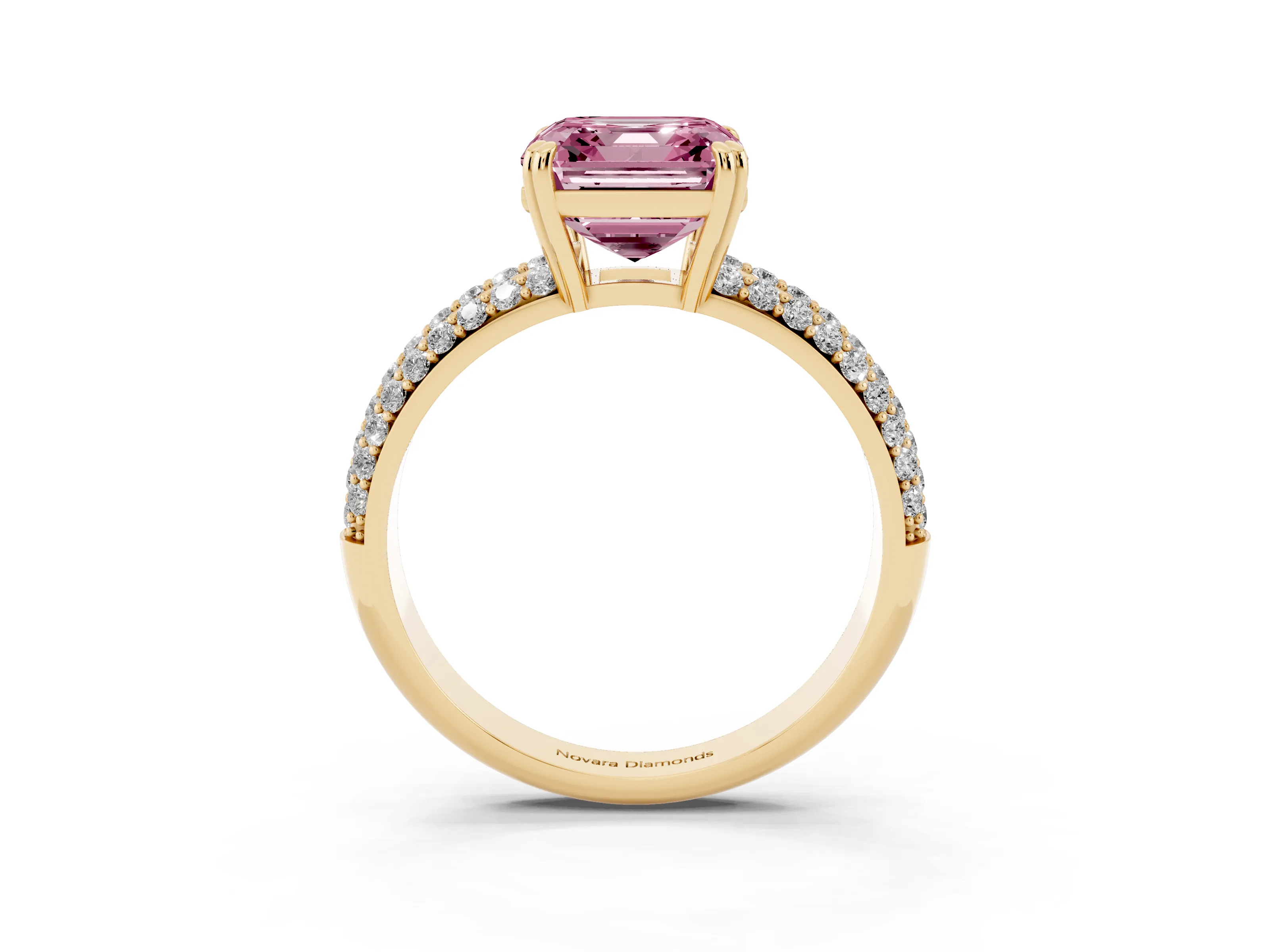 Fancy Pink Asscher Cut Diamond Solitaire Ring Set in Yellow gold with Multi-Row Round Pavé Band and Prong Setting