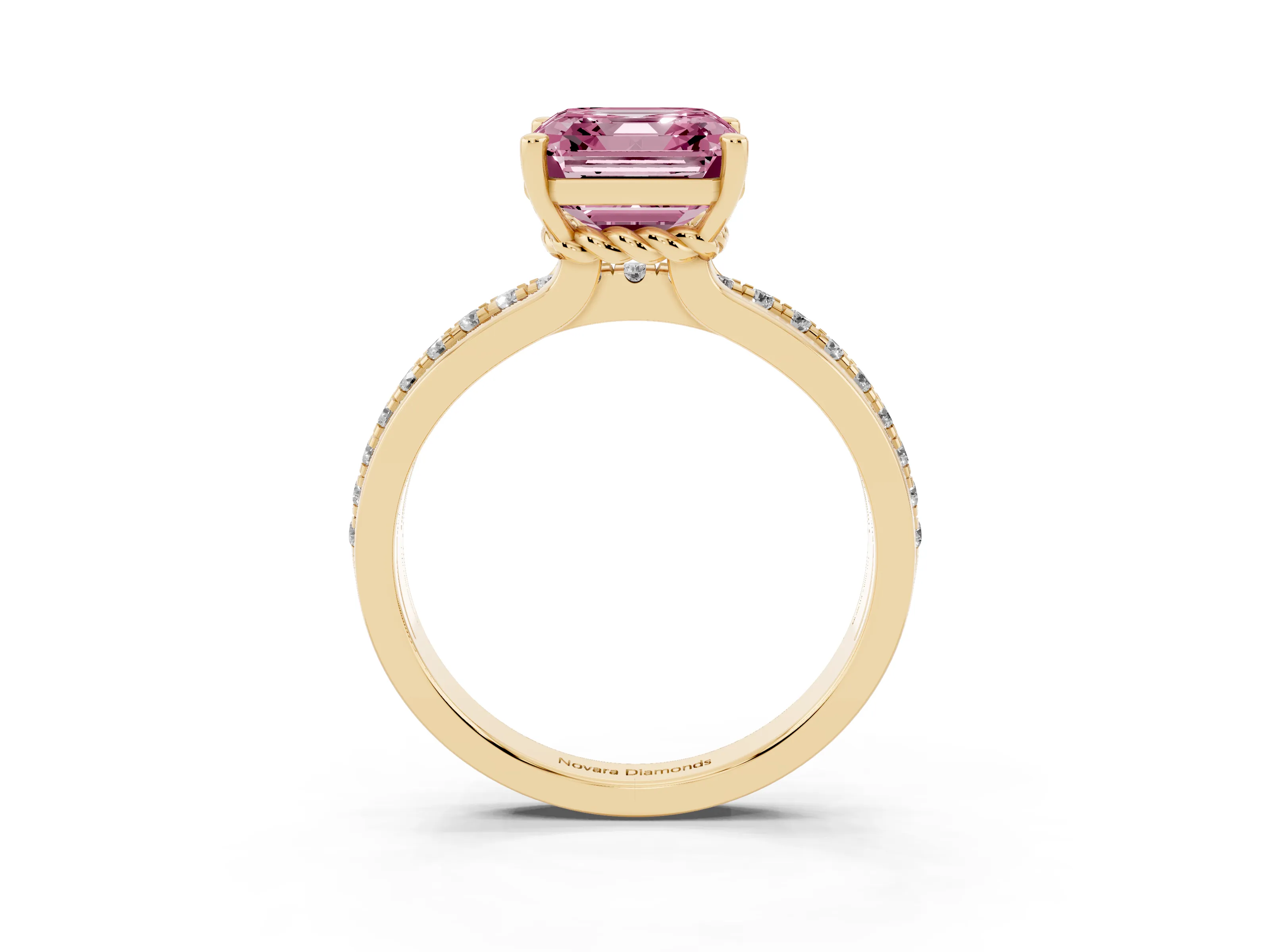 Fancy Pink Asscher Cut Diamond Solitaire Ring Set in Yellow gold with Channel Set Band and Prong Setting