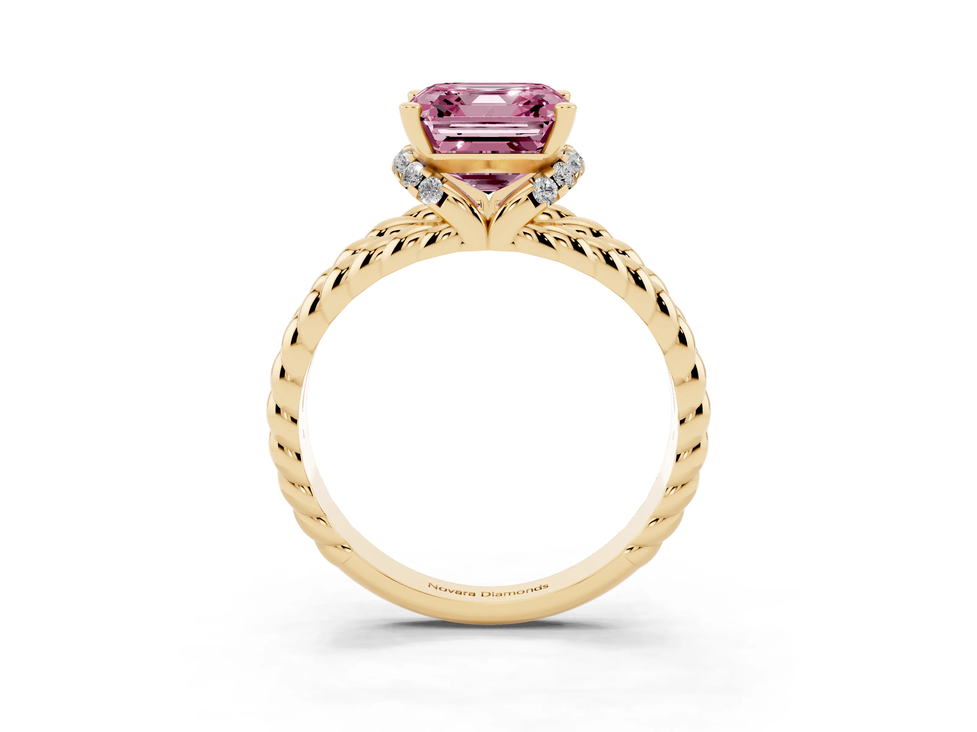 Fancy Pink Asscher Cut Diamond Halo Ring Set in Yellow gold with Twisted Band and Prong Setting
