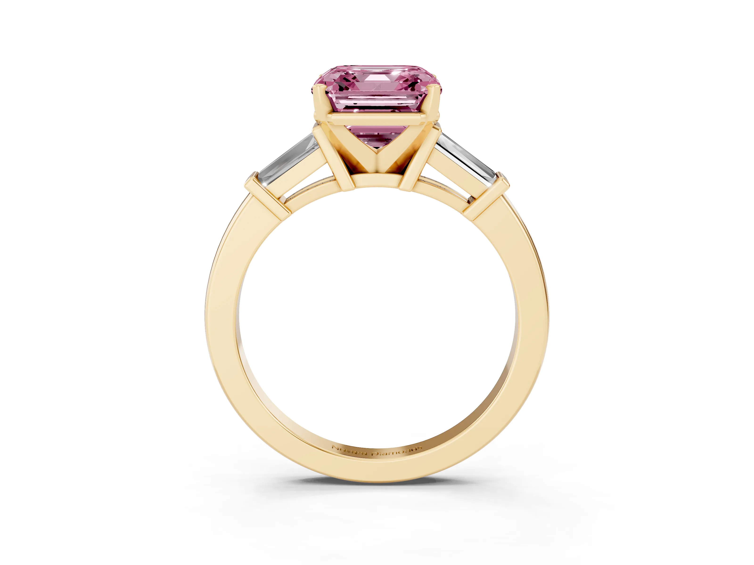 Fancy Pink Asscher Cut Diamond Solitaire Ring Set in Yellow gold with Tapered Baguette Accents and Prong Setting