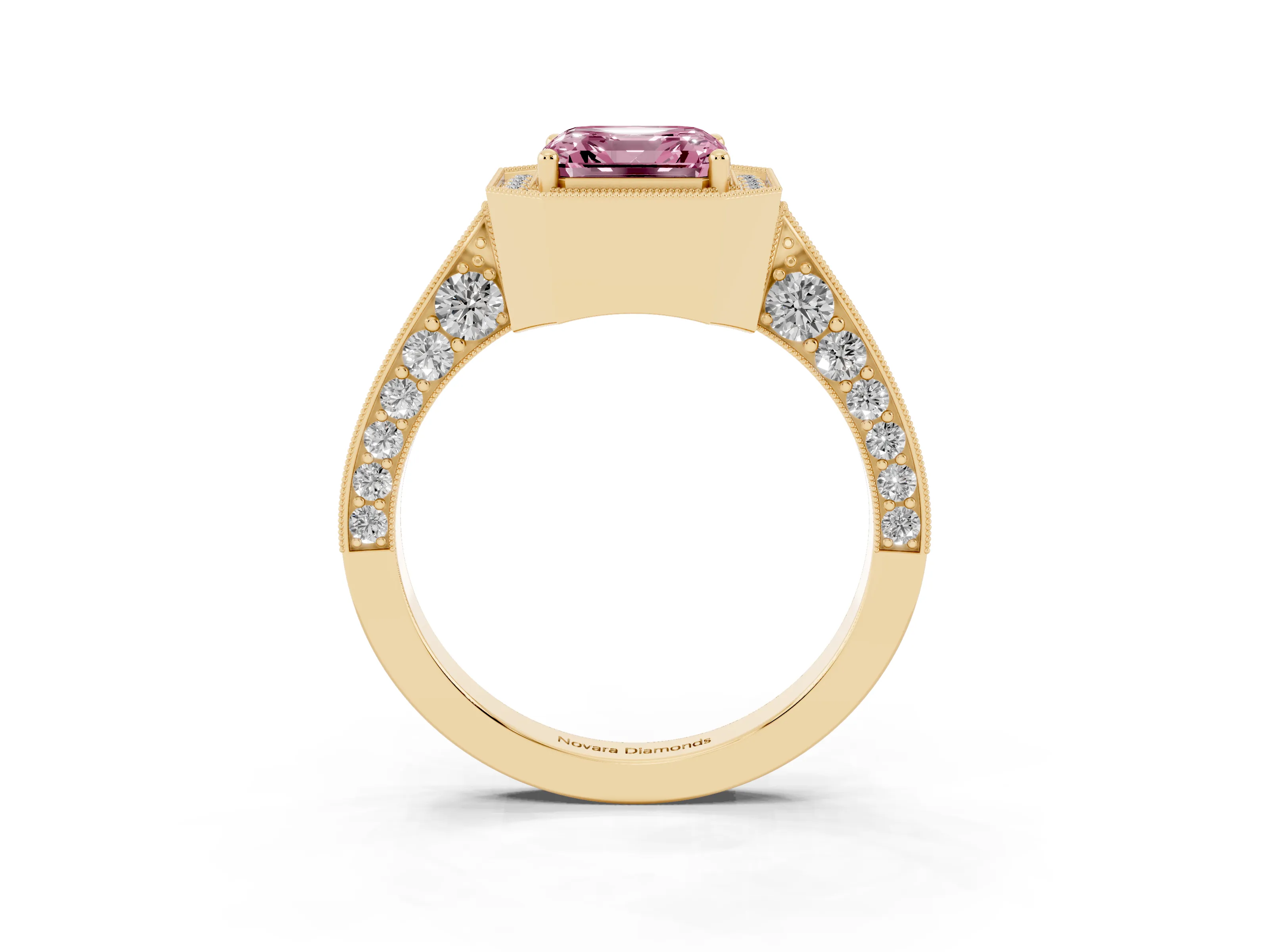 Fancy Pink Asscher Cut Diamond Halo Engagement Ring Set in Yellow gold with Accent Split Shank Band