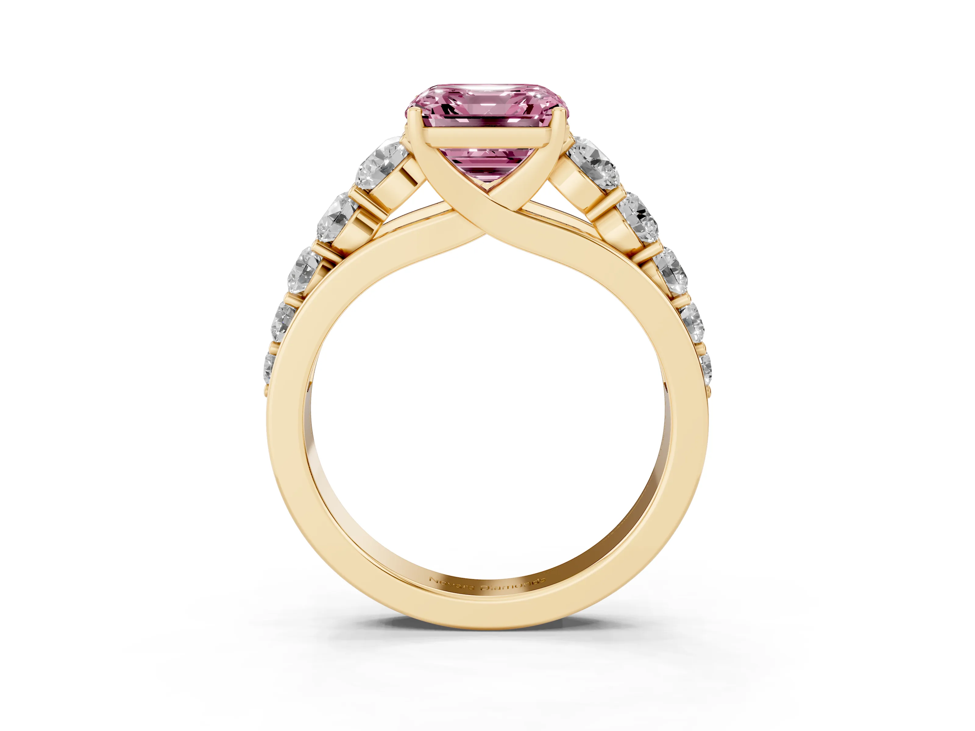 Fancy Pink Asscher Cut Diamond Solitaire Ring Set in Yellow gold with Pavé-Set Band and Prong Setting