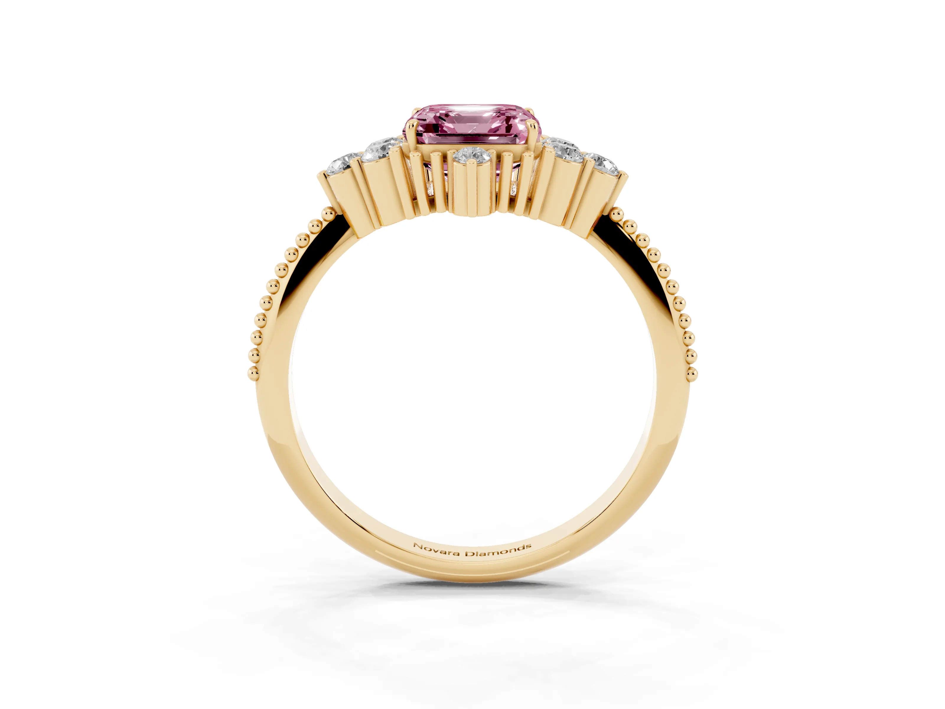 Fancy Pink Asscher Cut Diamond Cluster Ring Set in Yellow gold with Beaded Band