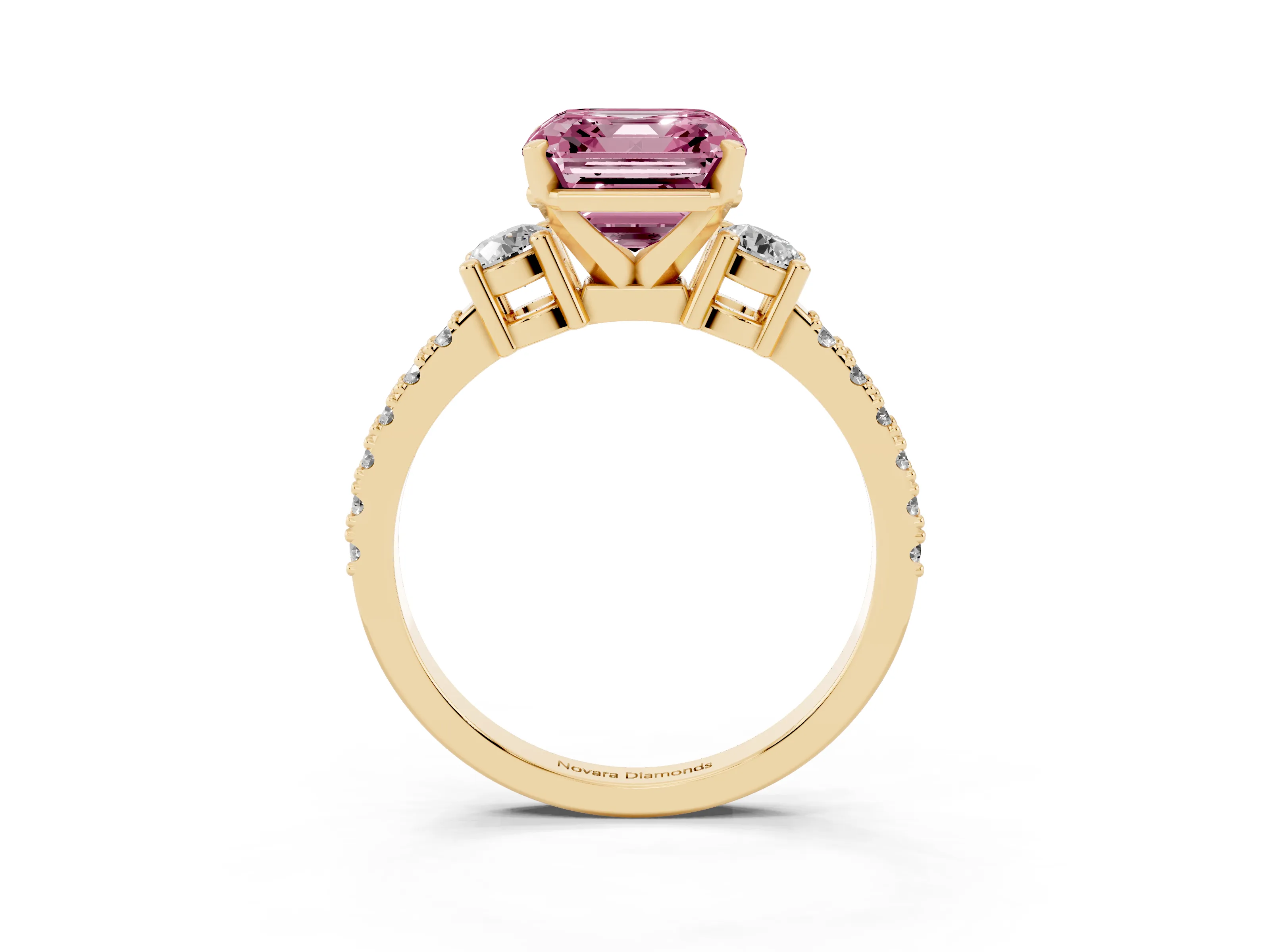 Fancy Pink Three-Stone Asscher Cut Diamond Pavé Band Ring Set in Yellow gold with Prong Setting