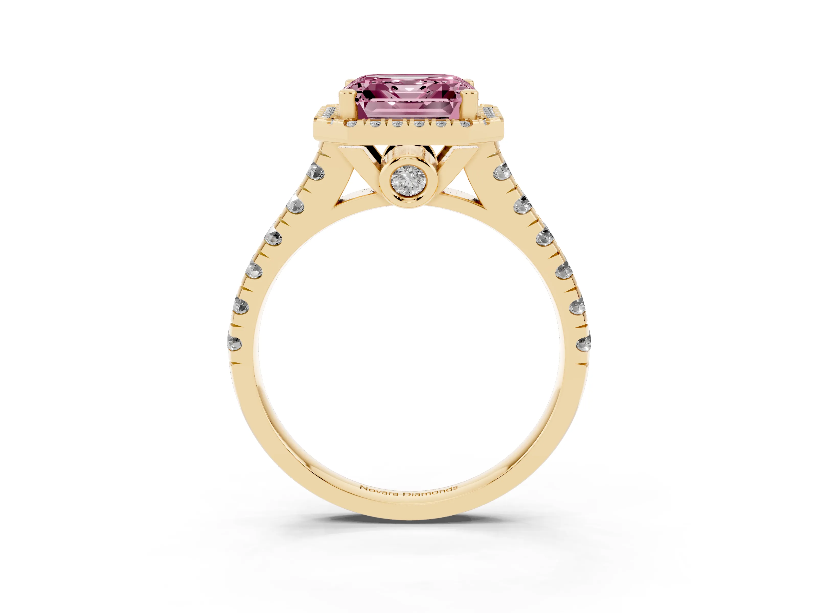 Fancy Pink Asscher Cut Diamond Halo Engagement Ring Set in Yellow gold with Pavé Band and Prong-Set Center