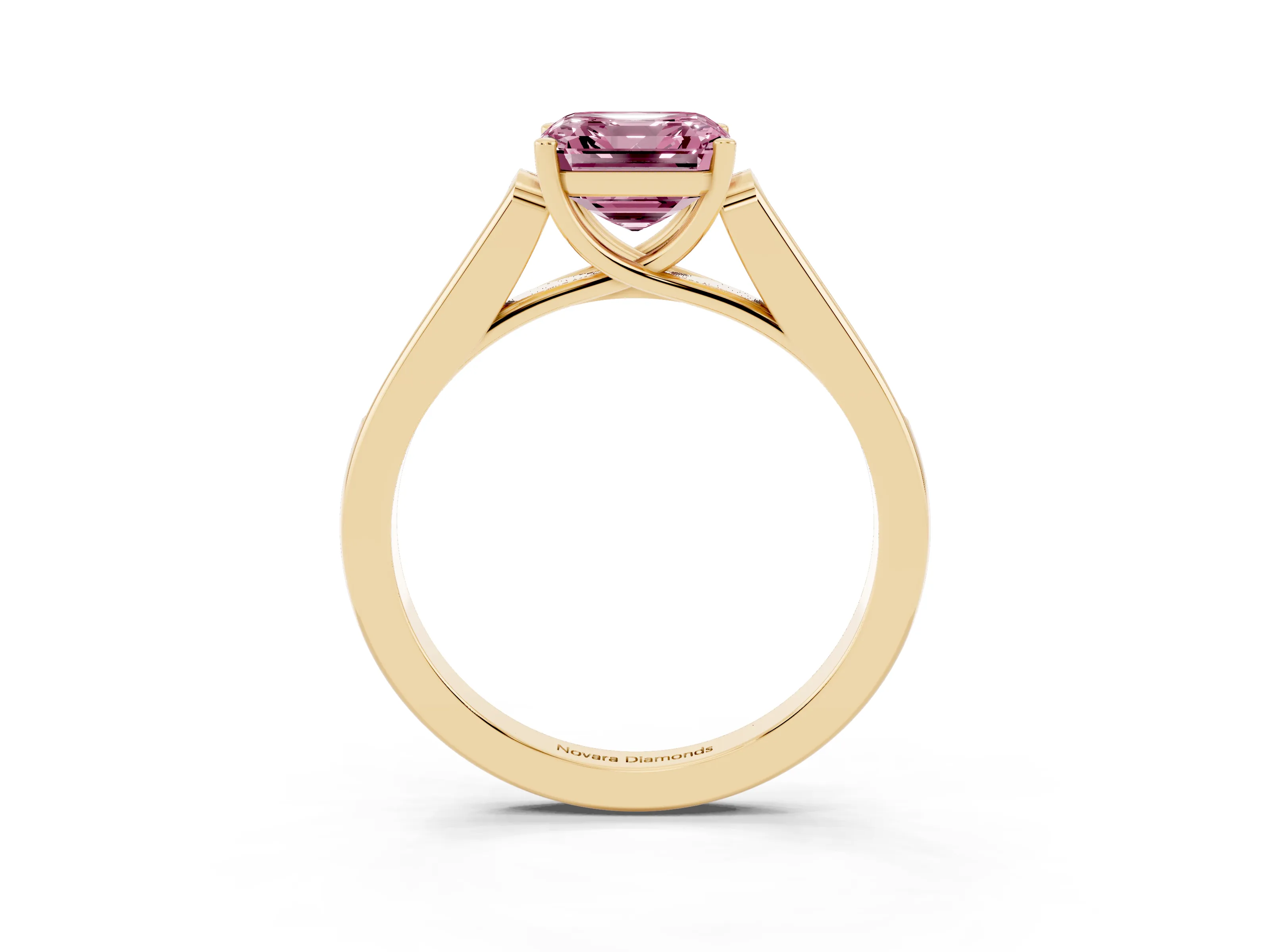 Fancy Pink Asscher Cut Diamond Solitaire Cathedral Engagement Ring Set in Yellow gold with Channel-Set Band and Prong Setting
