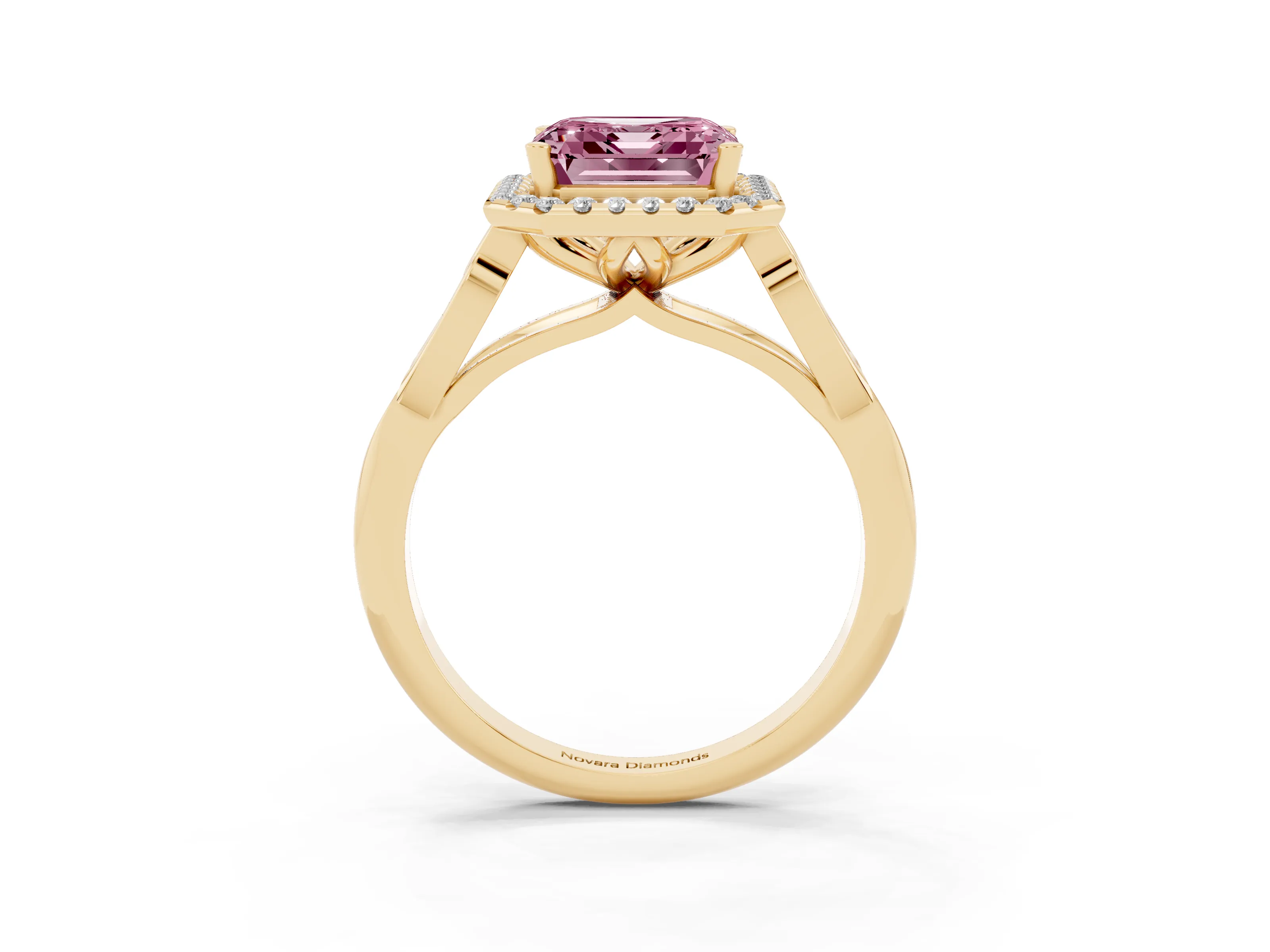 Fancy Pink Asscher Cut Diamond Halo Engagement Ring Set in Yellow gold with Filigree Band and Prong-Set Center