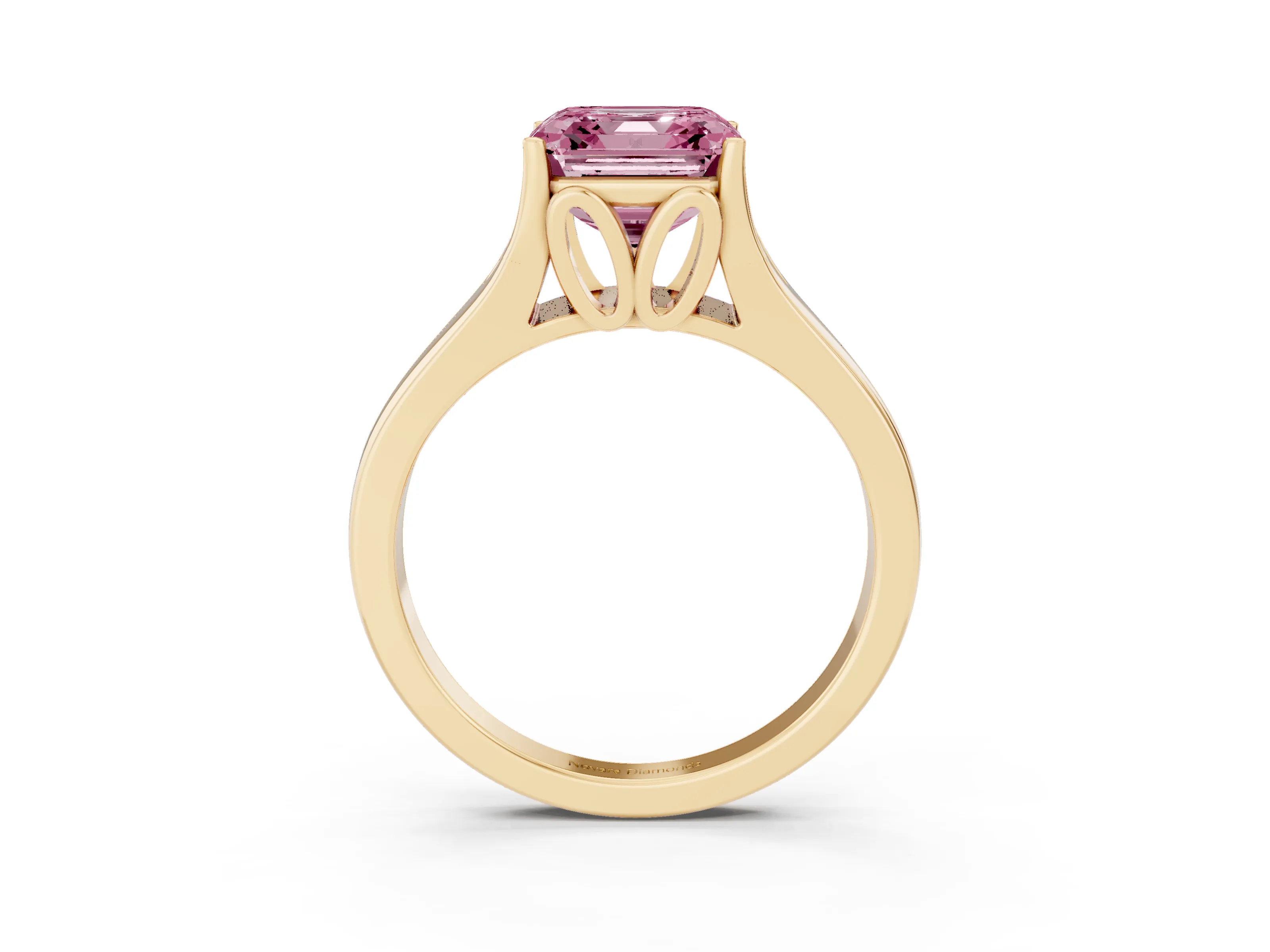 Fancy Pink Asscher Cut Diamond Solitaire Ring Set in Yellow gold with Arched Cathedral Band and Prong Setting