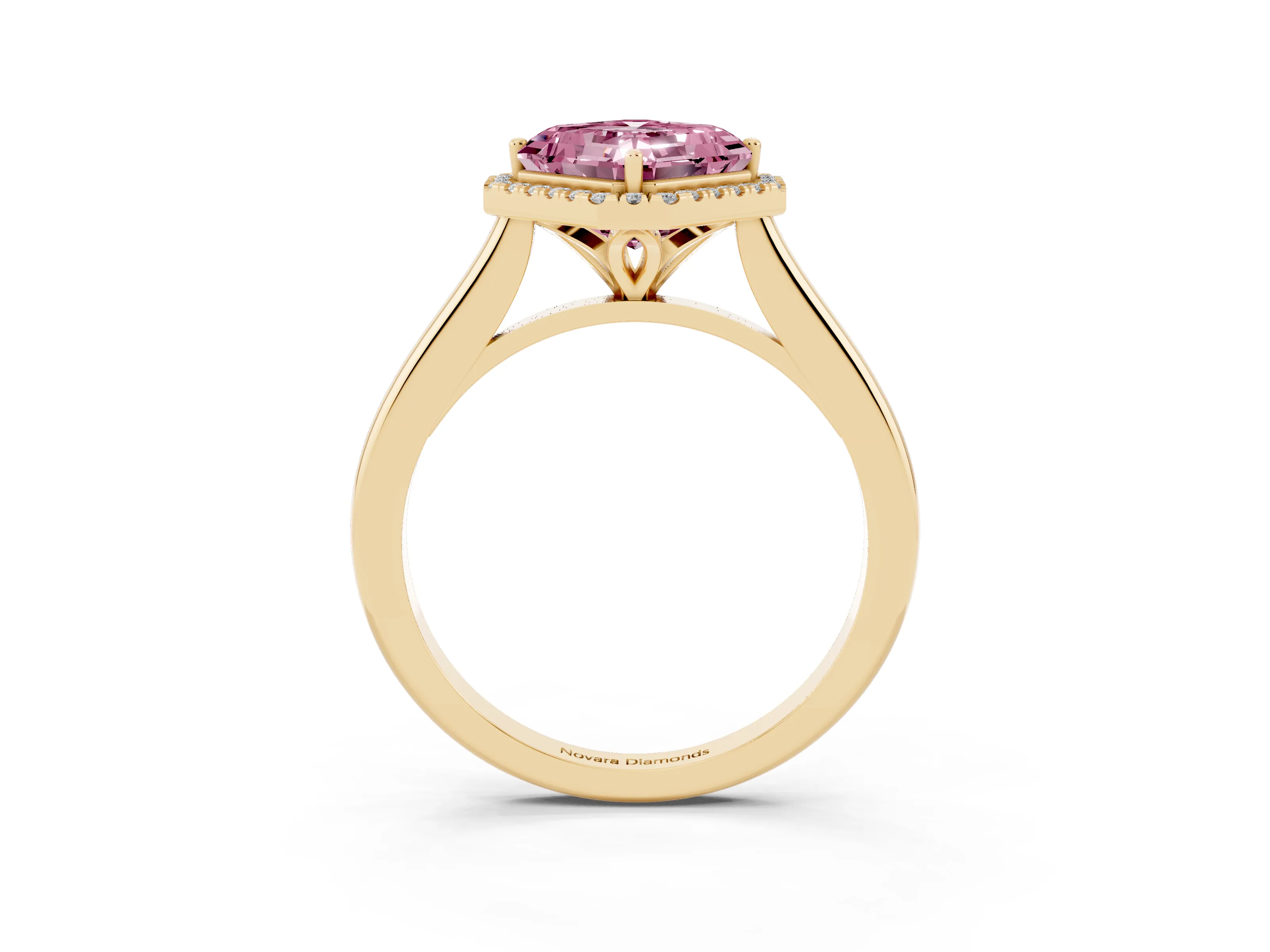 Fancy Pink Asscher Cut Diamond Halo Engagement Ring Set in Yellow gold with Pavé Band and Rising Shoulders