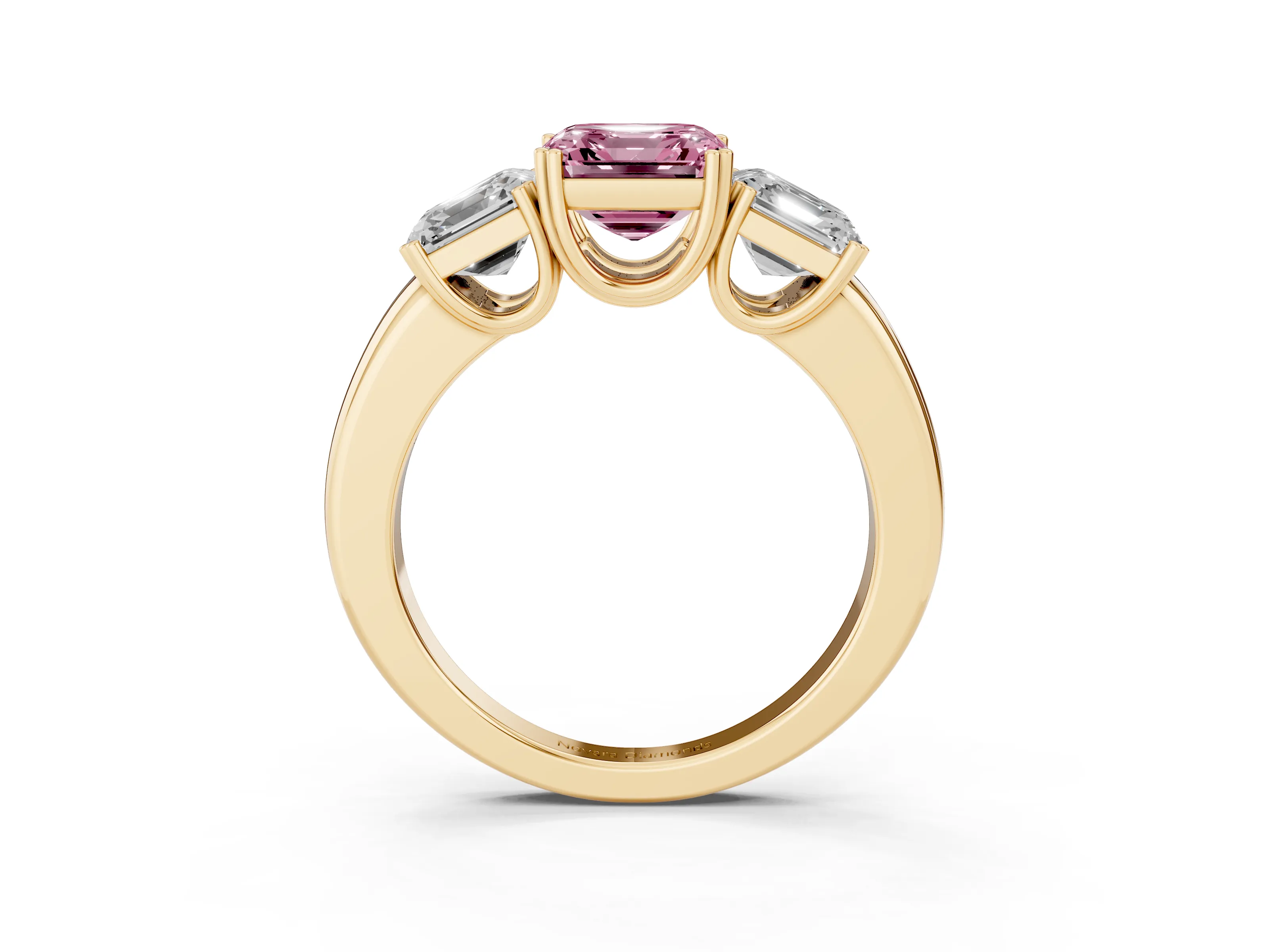 Fancy Pink Asscher Cut Diamond Three-Stone Ring Set in Yellow gold with Polished Band and Prong Setting