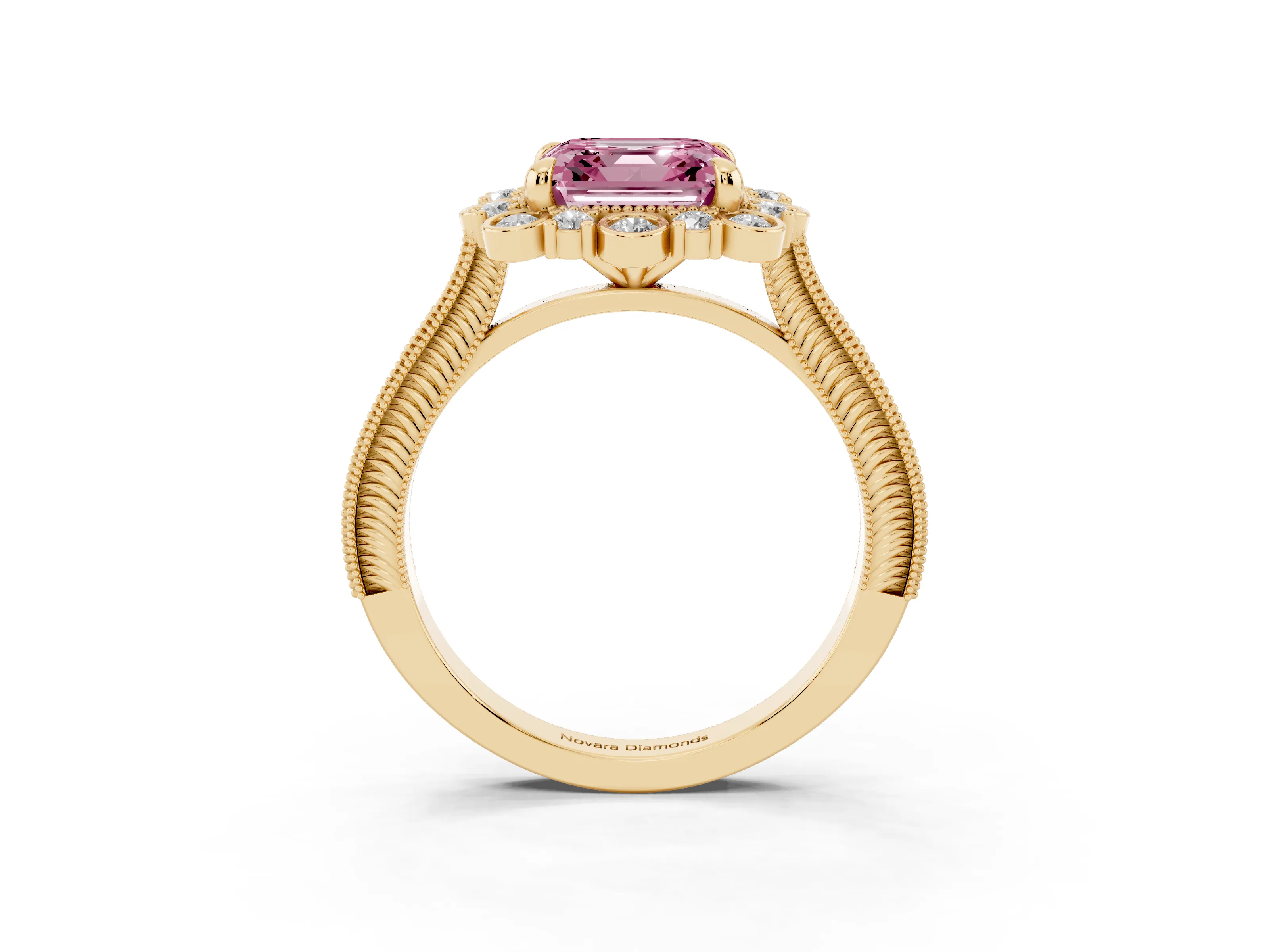 Fancy Pink Asscher Cut Diamond Halo Milgrain Pavé Ring Set in Yellow gold with Prong Setting