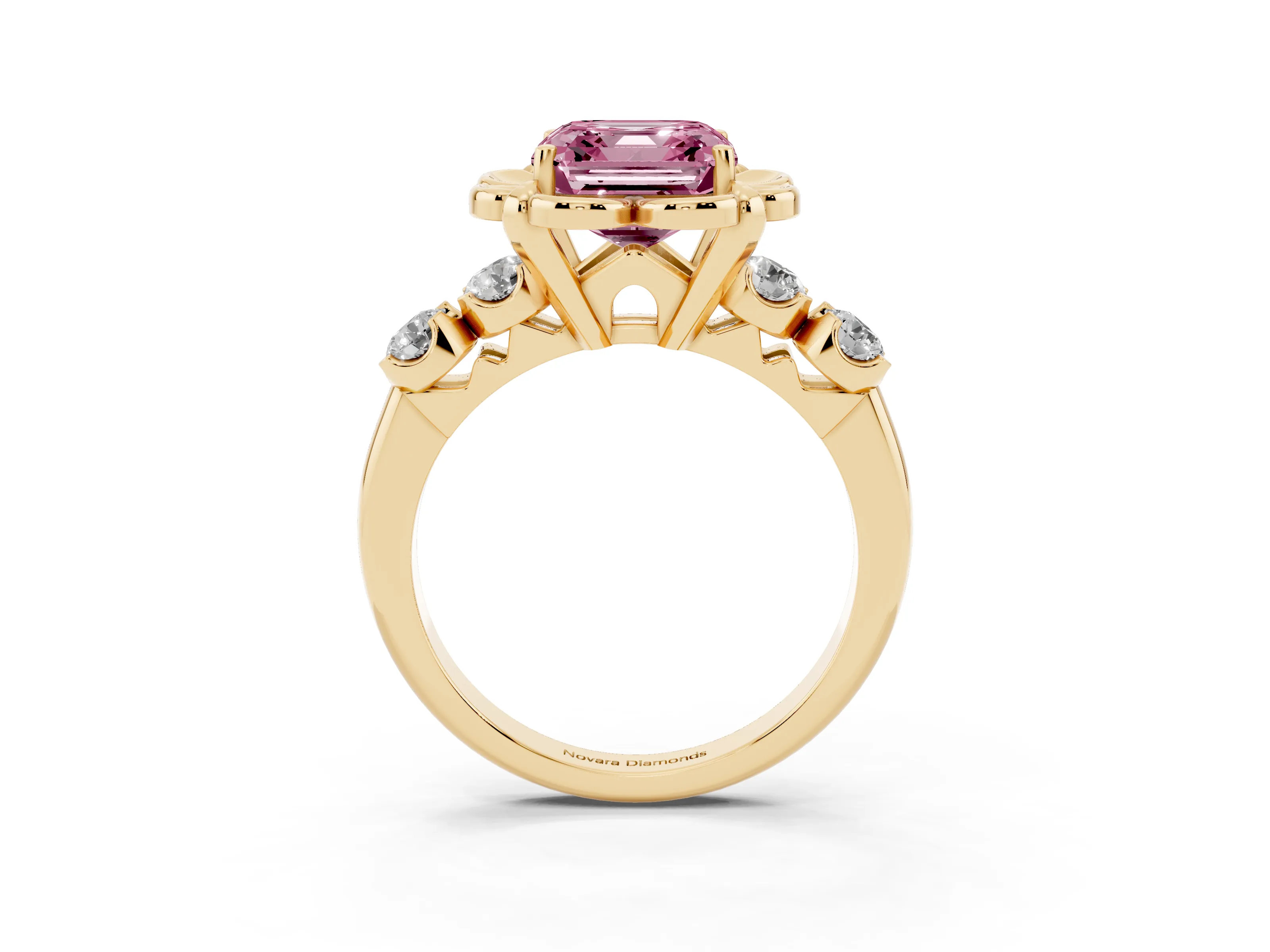 Fancy Pink Asscher Cut Diamond Floral Halo Ring Set in Yellow gold with Shared Prong Band