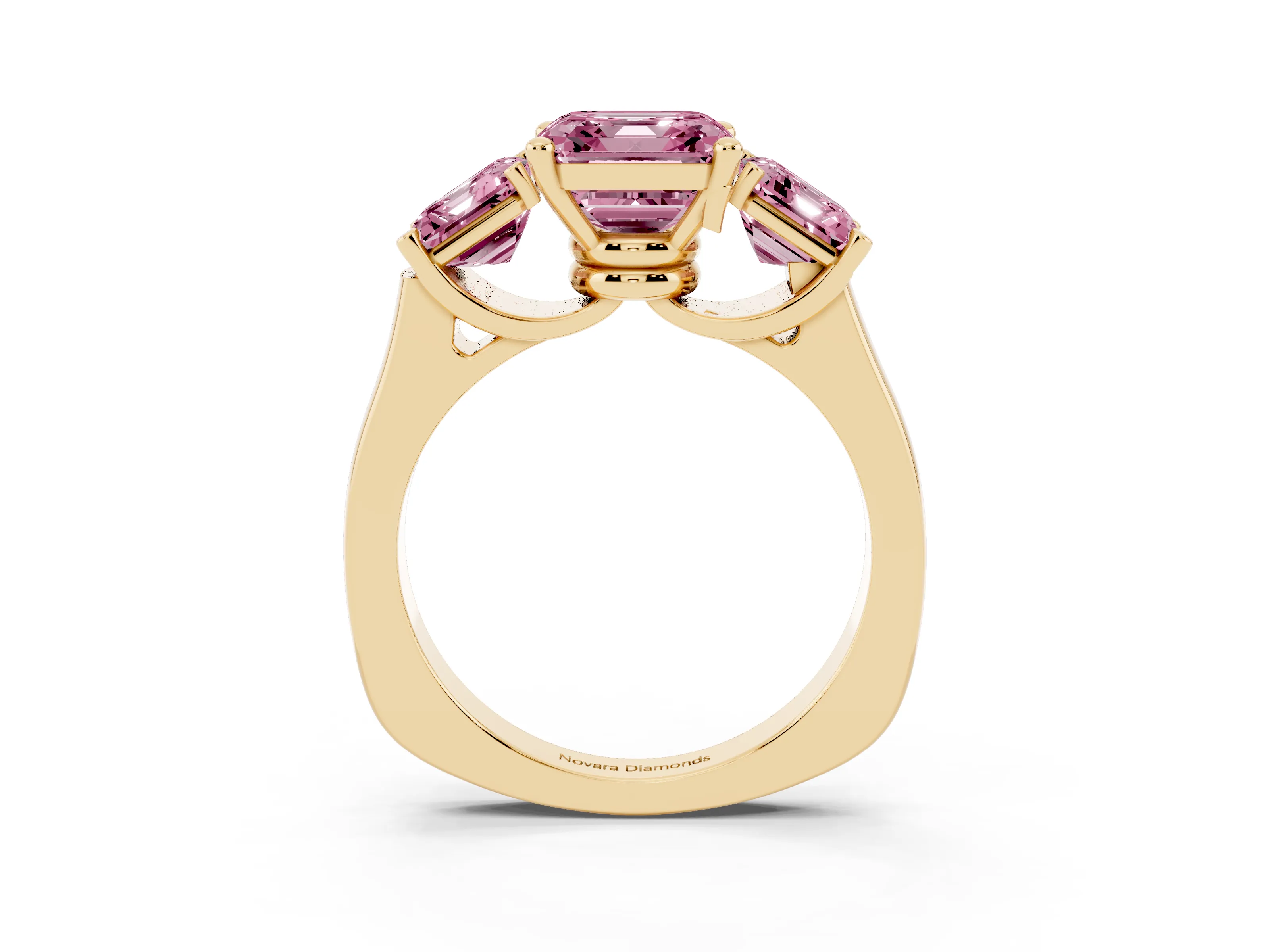 Fancy Pink Asscher Cut Diamond Three-Stone Trellis Ring Set in Yellow gold with Comfort Fit Band