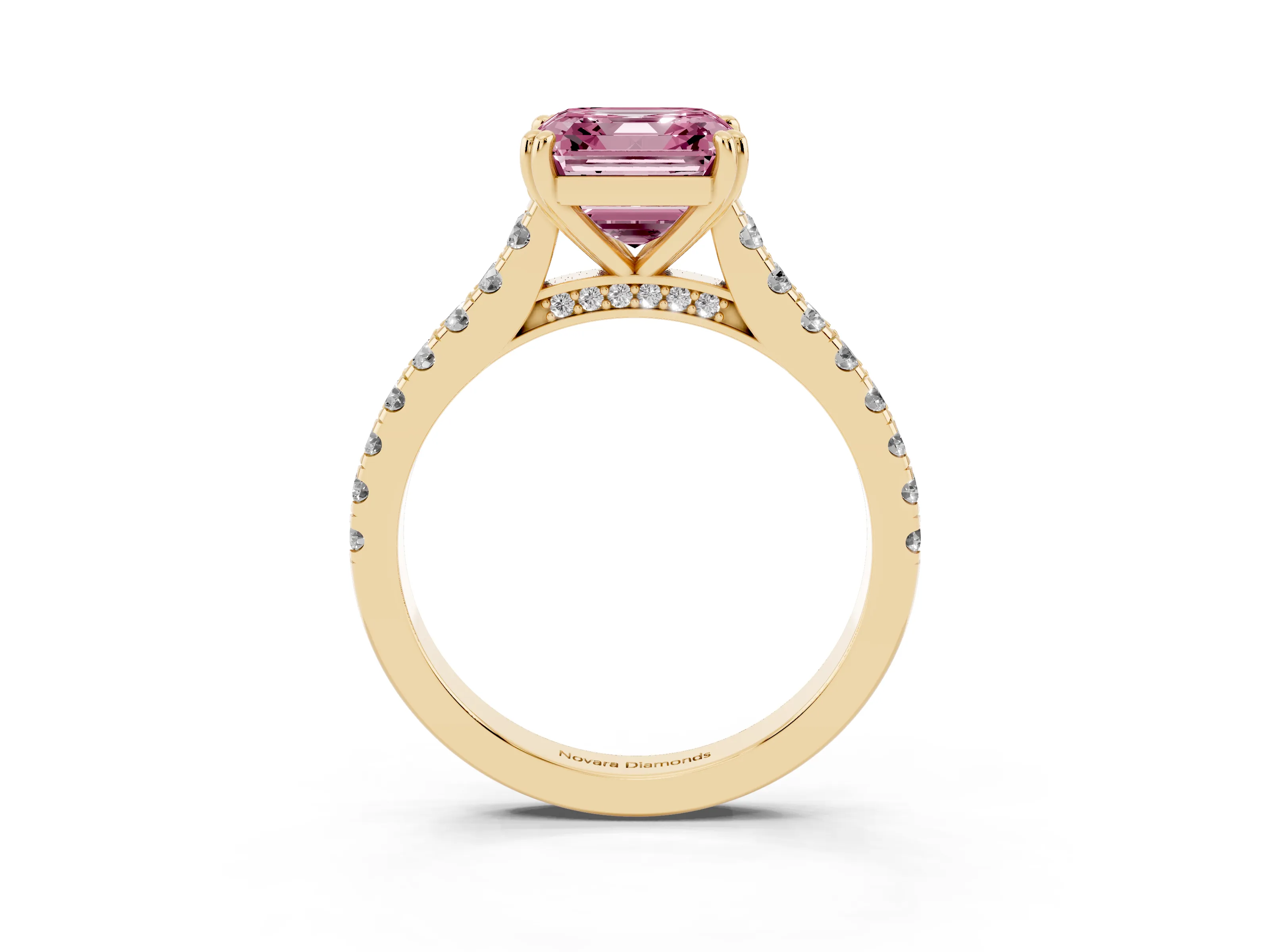 Fancy Pink Asscher Cut Diamond Solitaire Engagement Ring Set in Yellow gold with Pavé Accents and Prong Setting