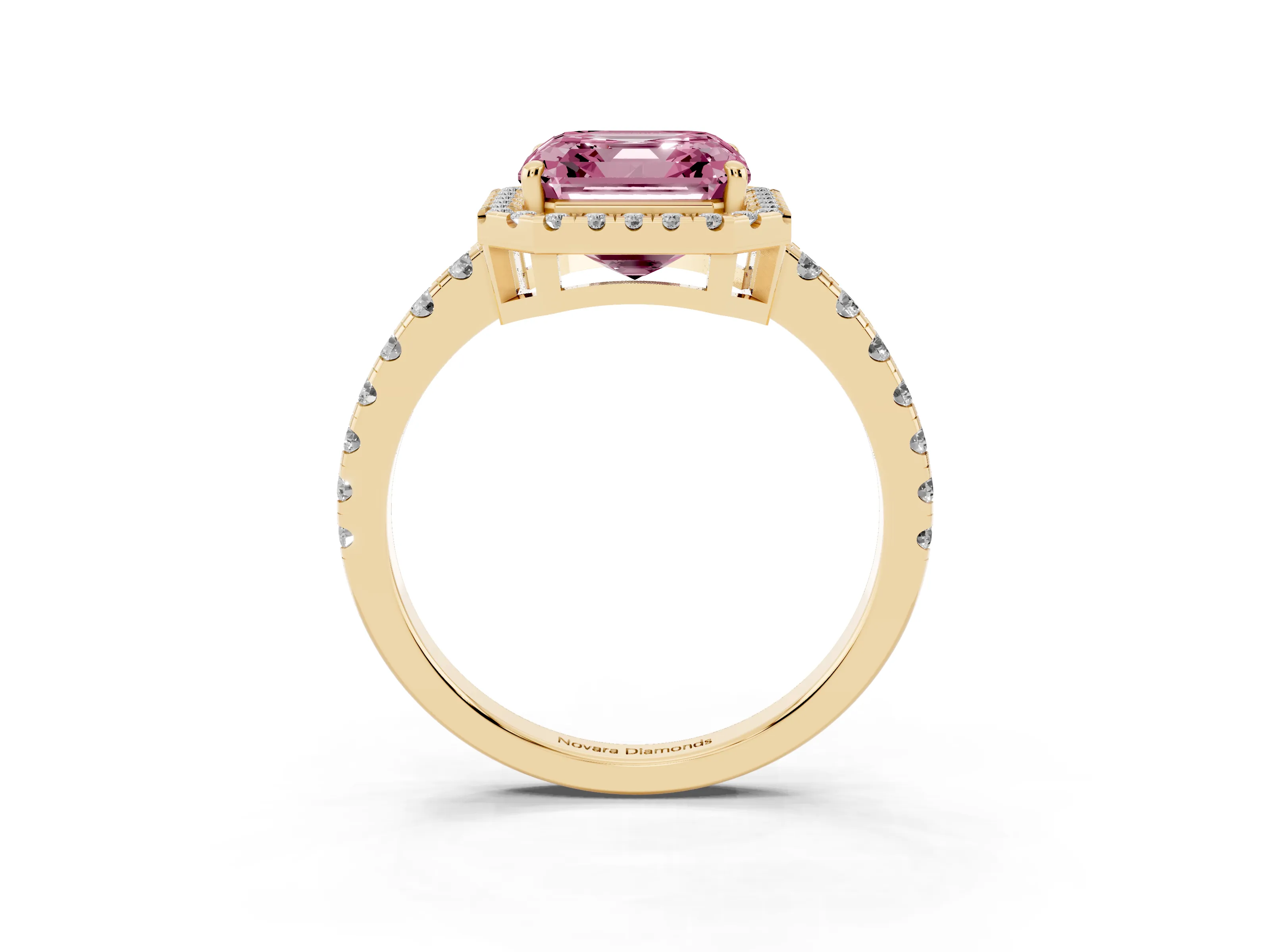 Fancy Pink Asscher Cut Diamond Halo Ring Set in Yellow gold with Delicate Pavé Band and Prong Setting