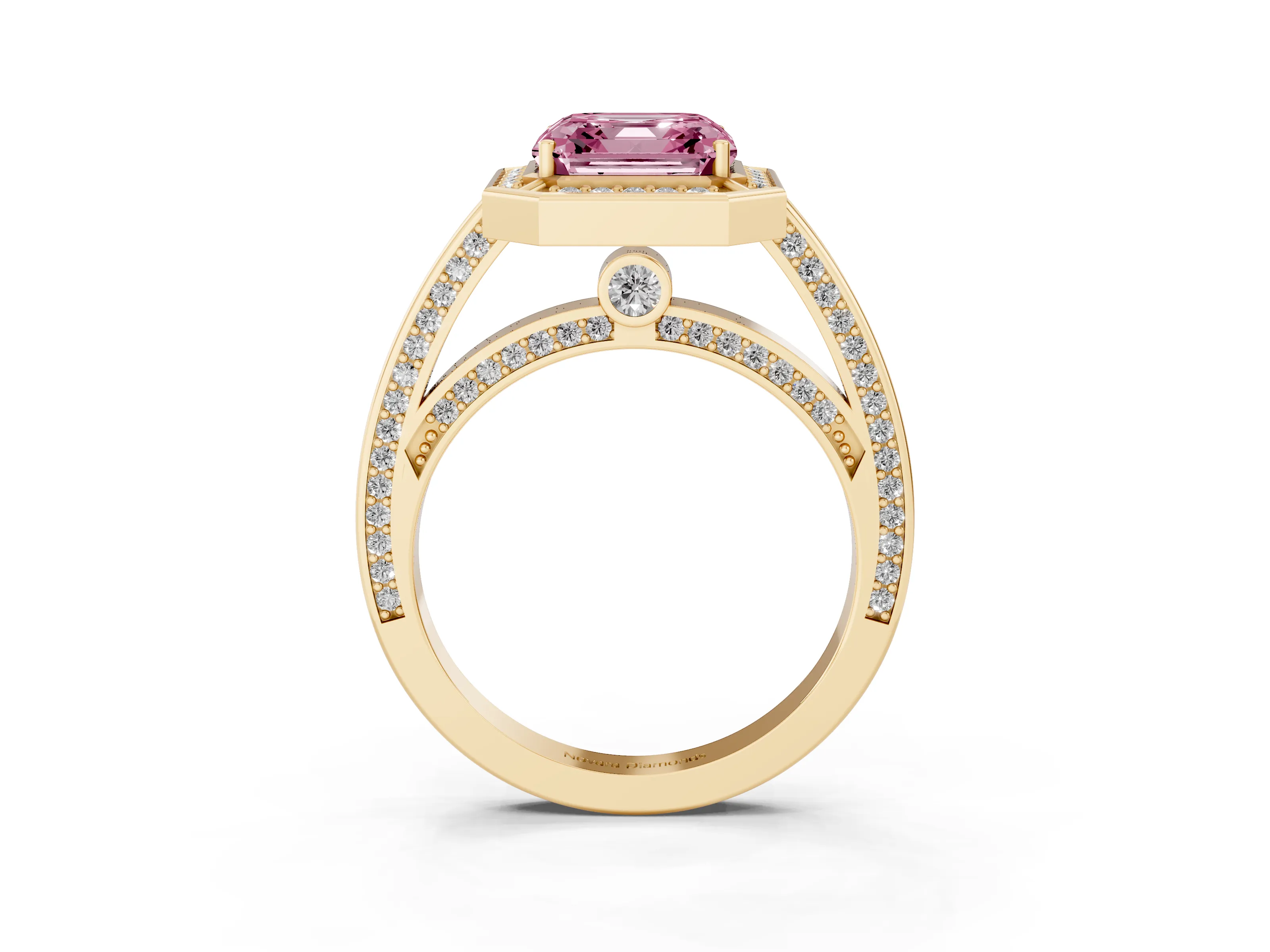Fancy Pink Asscher Cut Diamond Halo Pavé Split Shank Ring Set in Yellow gold with Prong Setting