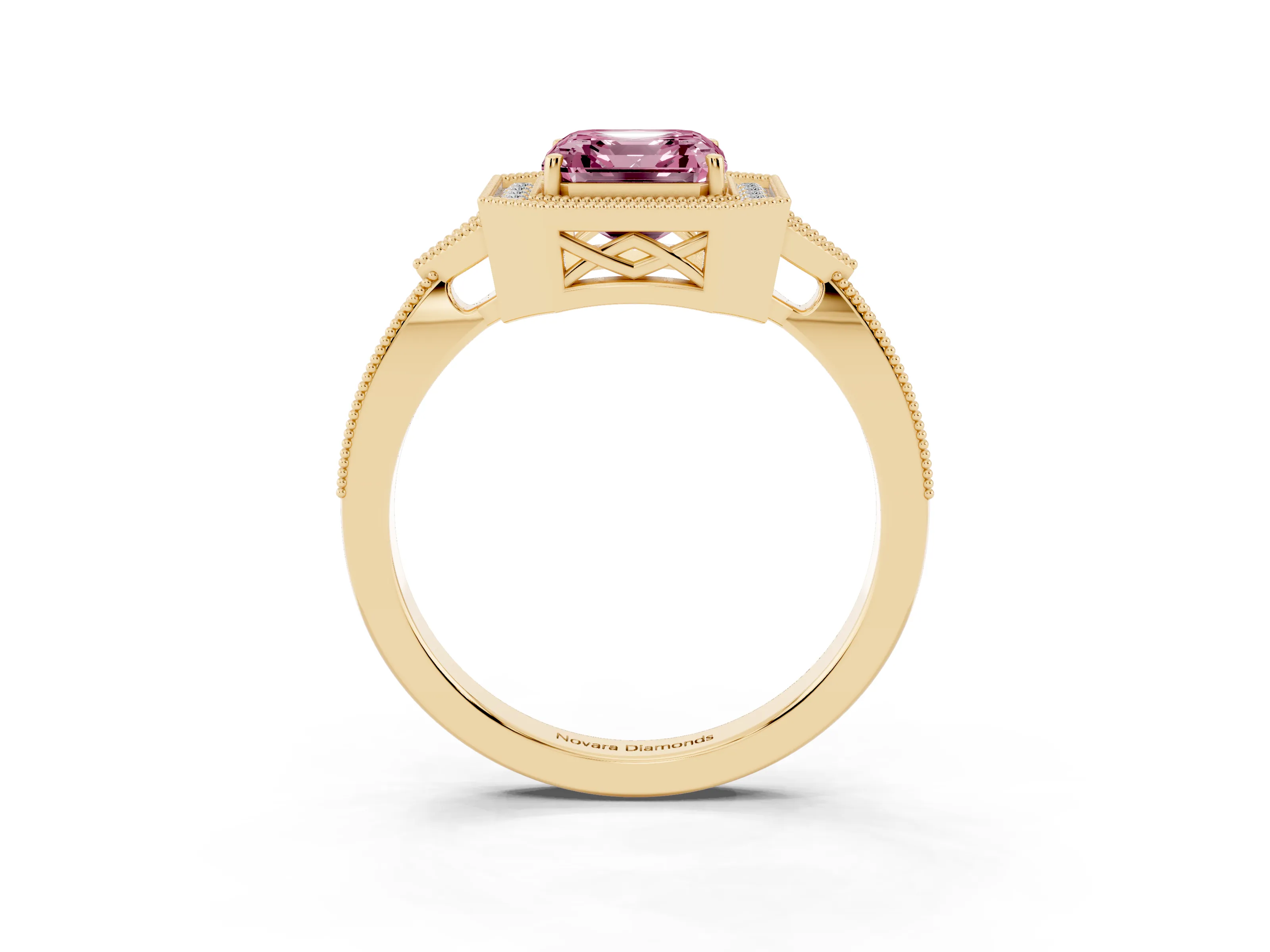 Fancy Pink Asscher Cut Diamond Halo Engagement Ring Set in Yellow gold with Milgrain Pavé Band