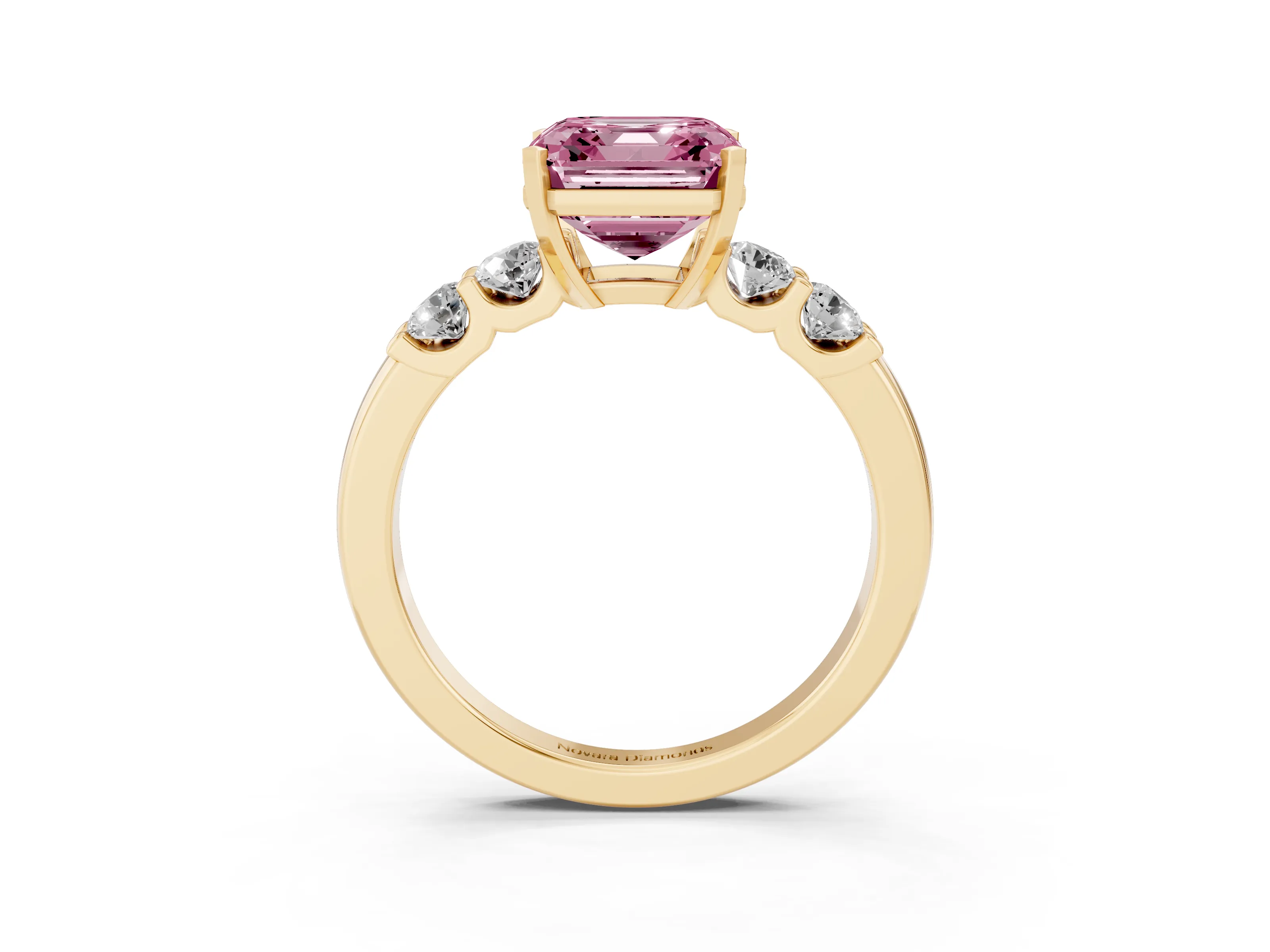 Fancy Pink Asscher Cut Diamond Five-Stone Prong Set Engagement Ring Set in Yellow gold with Channel Band