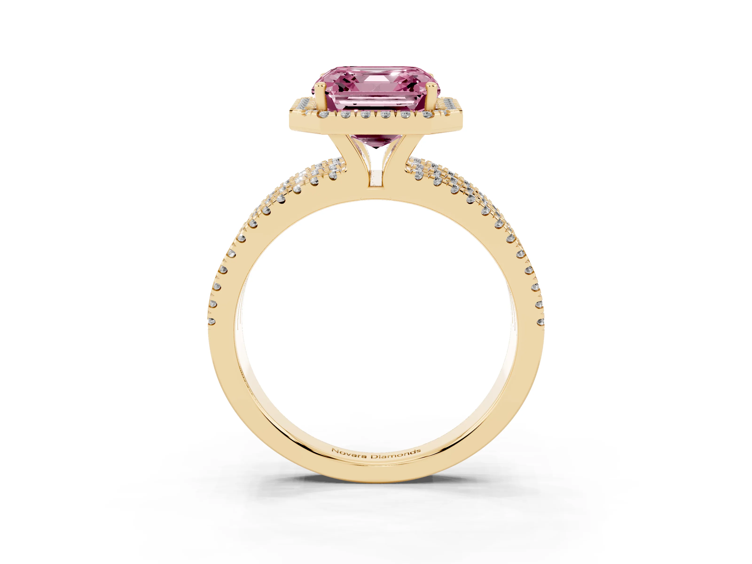 Fancy Pink Asscher Cut Diamond Halo Split Shank Engagement Ring Set in Yellow gold with Prong Setting