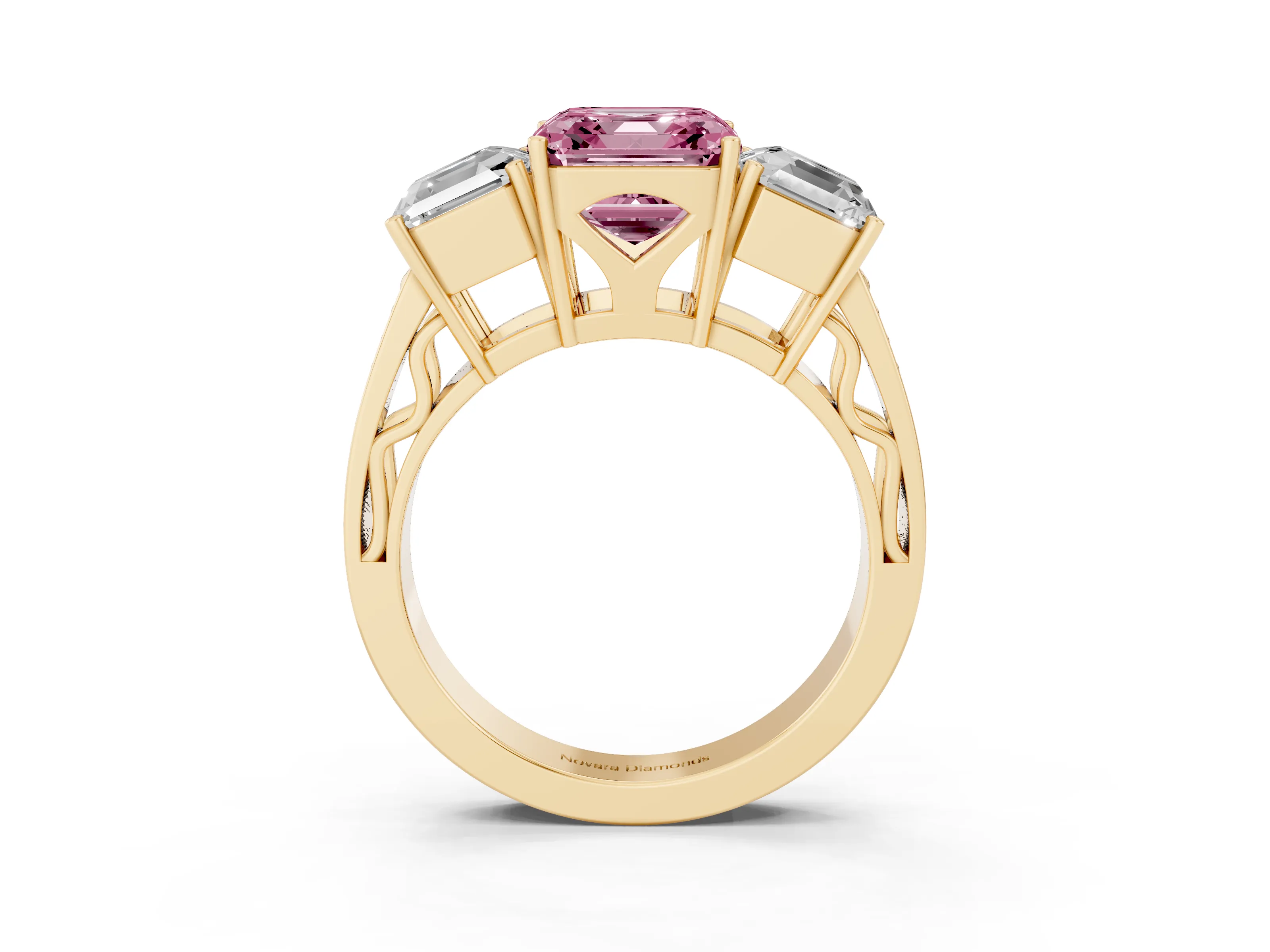 Fancy Pink Asscher Cut Diamond Three-Stone Ring Set in Yellow gold with Textured Band