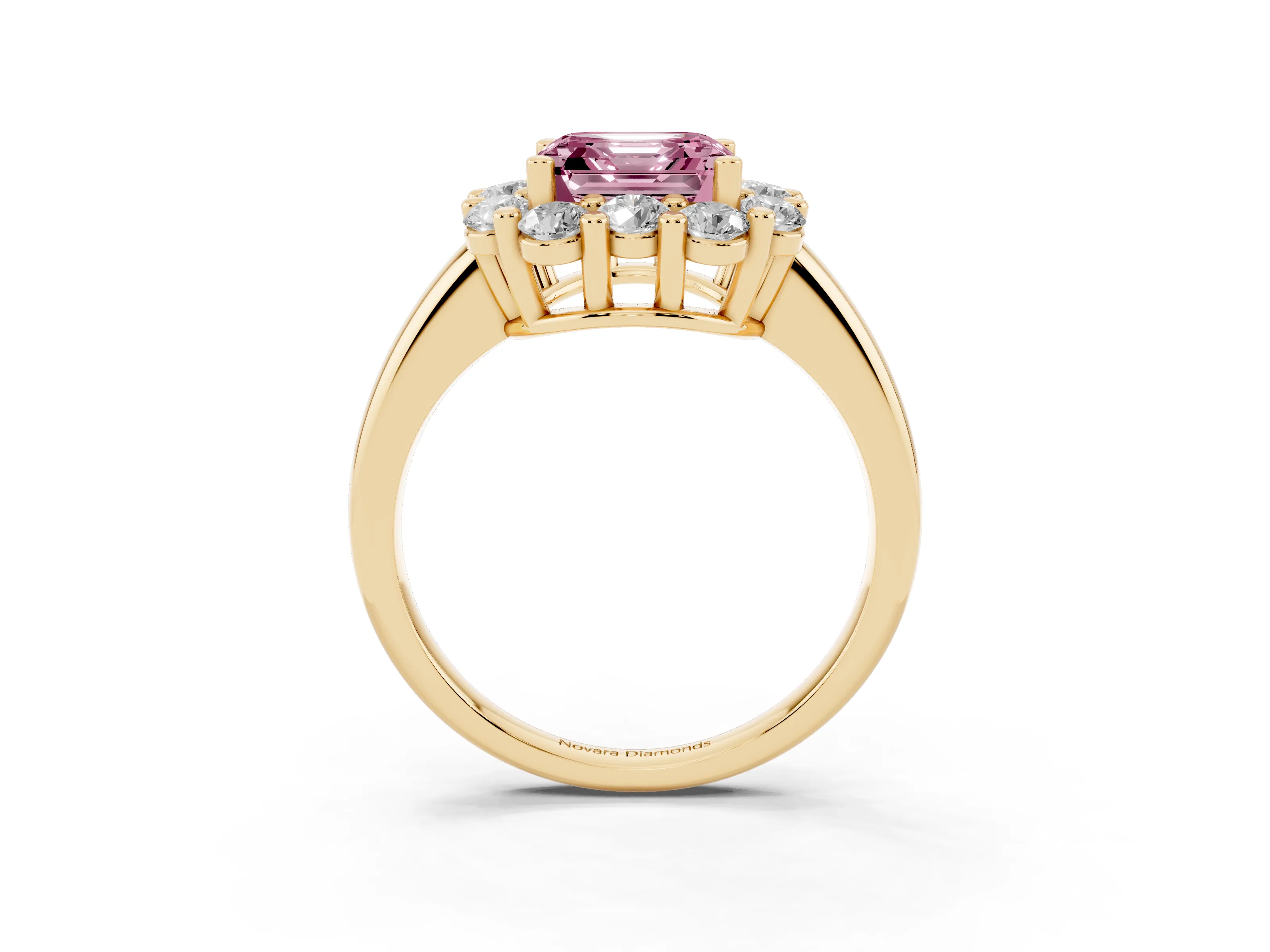 Fancy Pink Asscher Cut Diamond Halo Cluster Engagement Ring Set in Yellow gold with Polished Band and Prong Setting