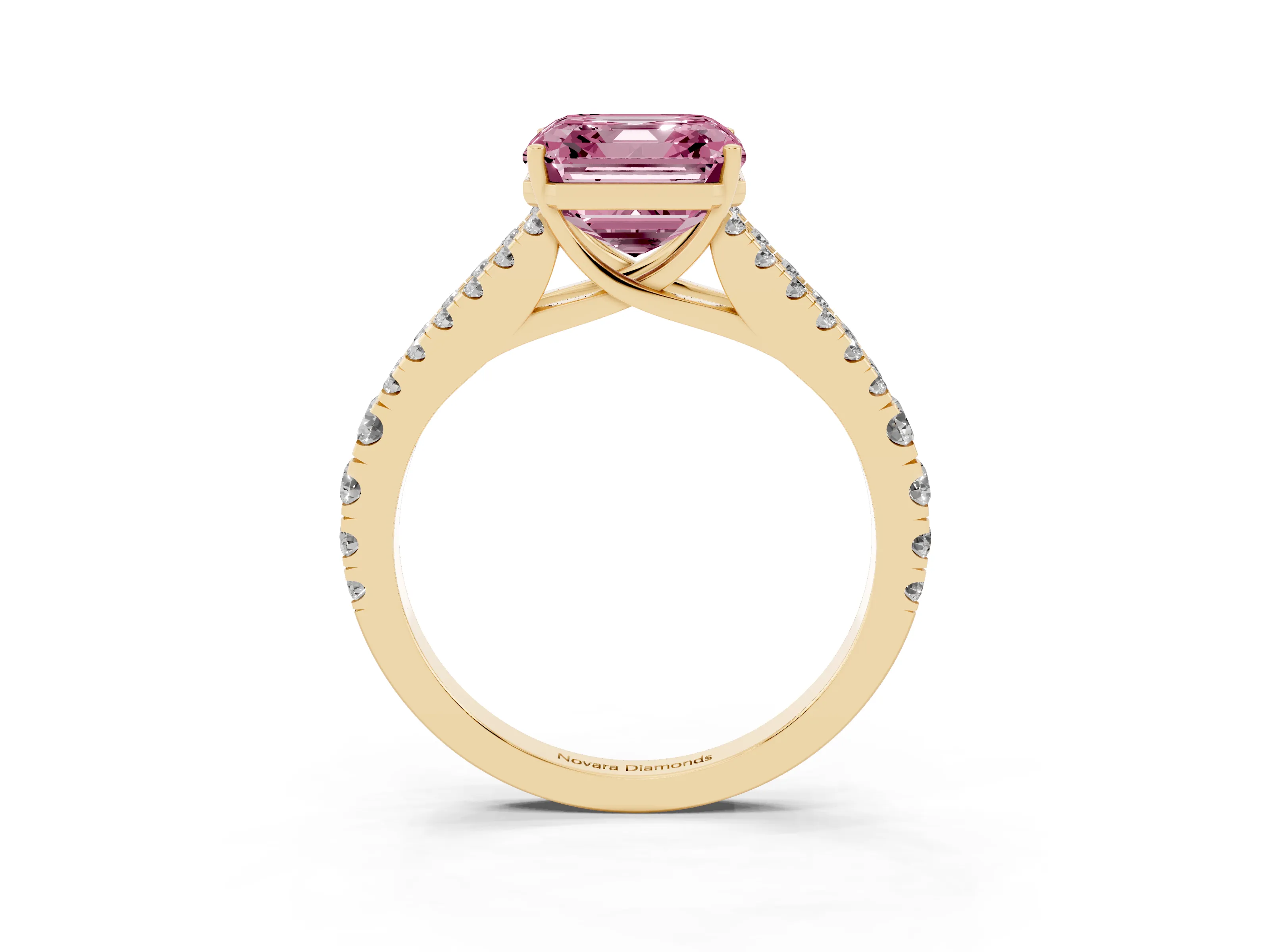 Fancy Pink Asscher Cut Diamond Split Shank Engagement Ring Set in Yellow gold with Round Pavé and Prong Setting