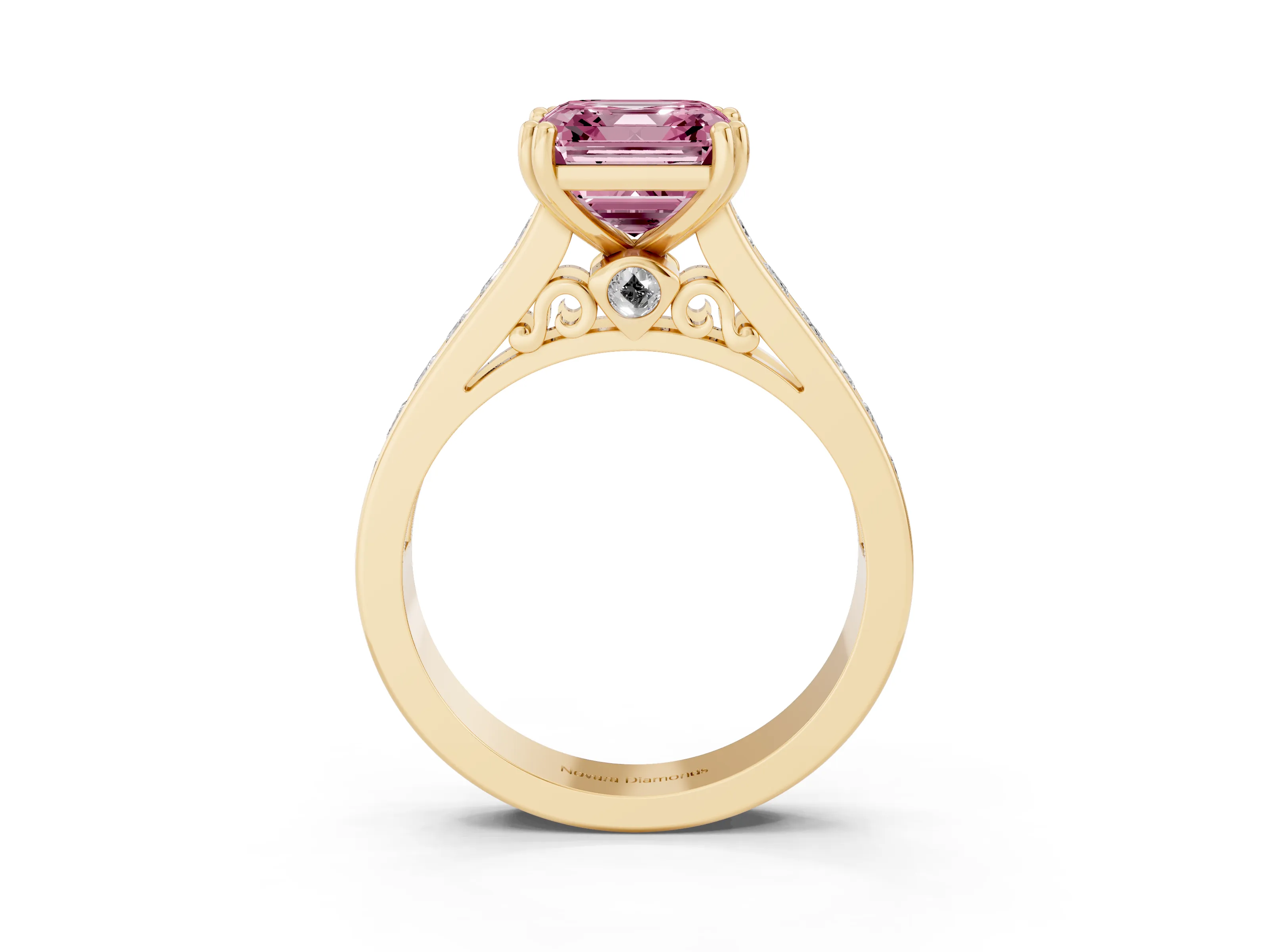 Fancy Pink Asscher Cut Diamond Channel Set Solitaire Engagement Ring Set in Yellow gold with Prong Setting