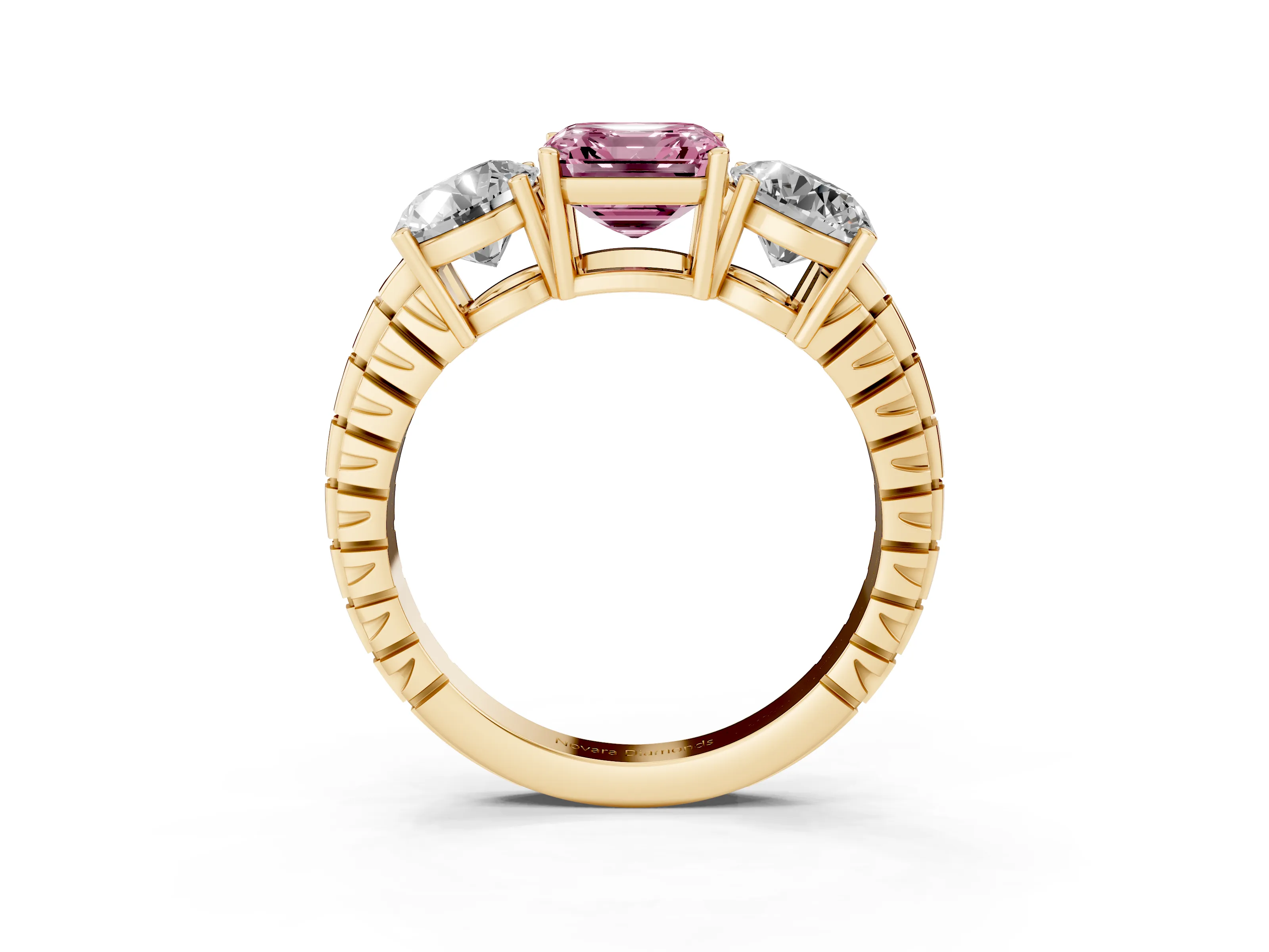 Fancy Pink Asscher Cut Diamond Three-Stone Ring Set in Yellow gold with Channel-Set Accent Band