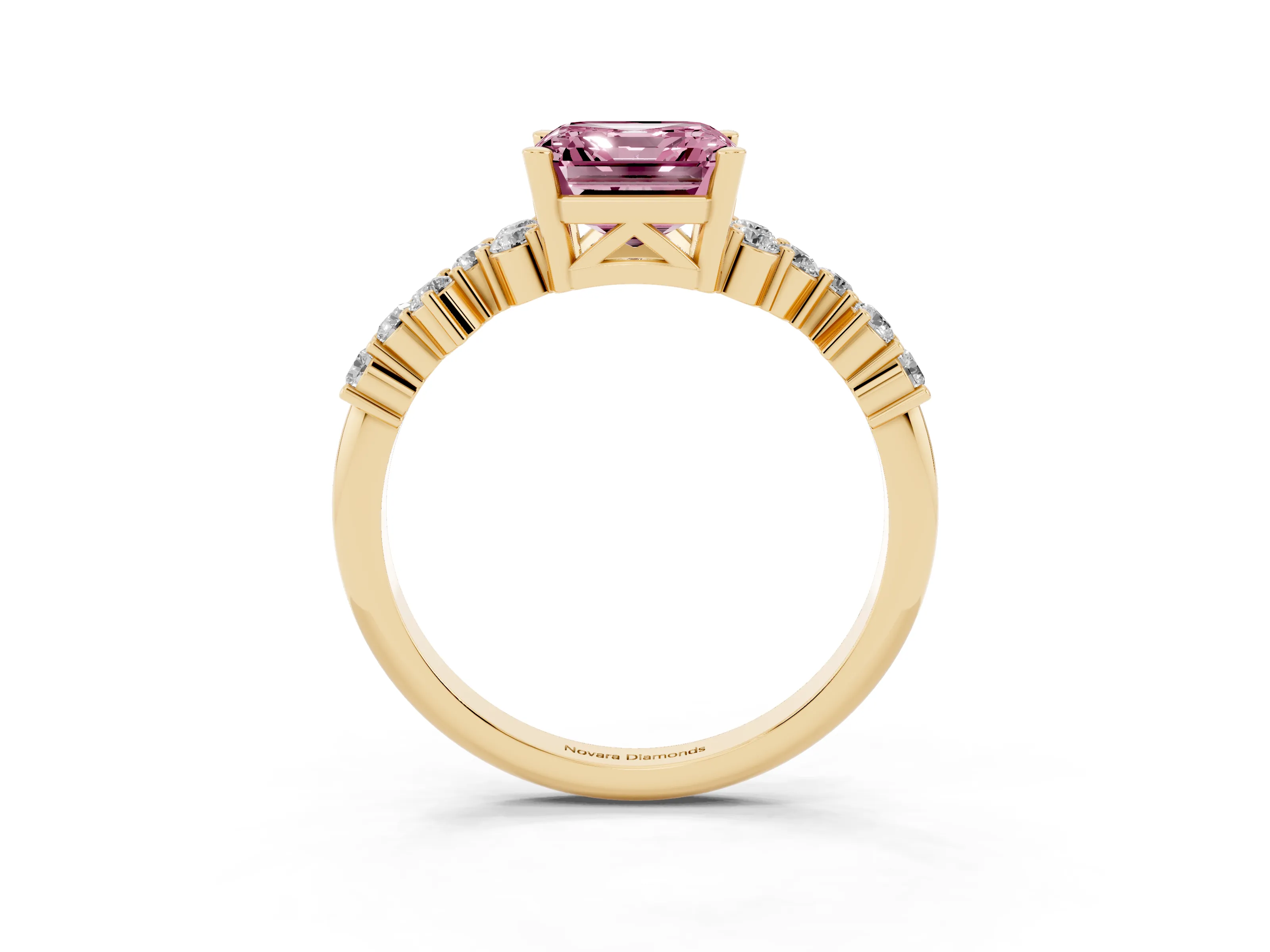Fancy Pink Asscher Cut Diamond Ring Set in Yellow gold with Scattered Round Accents