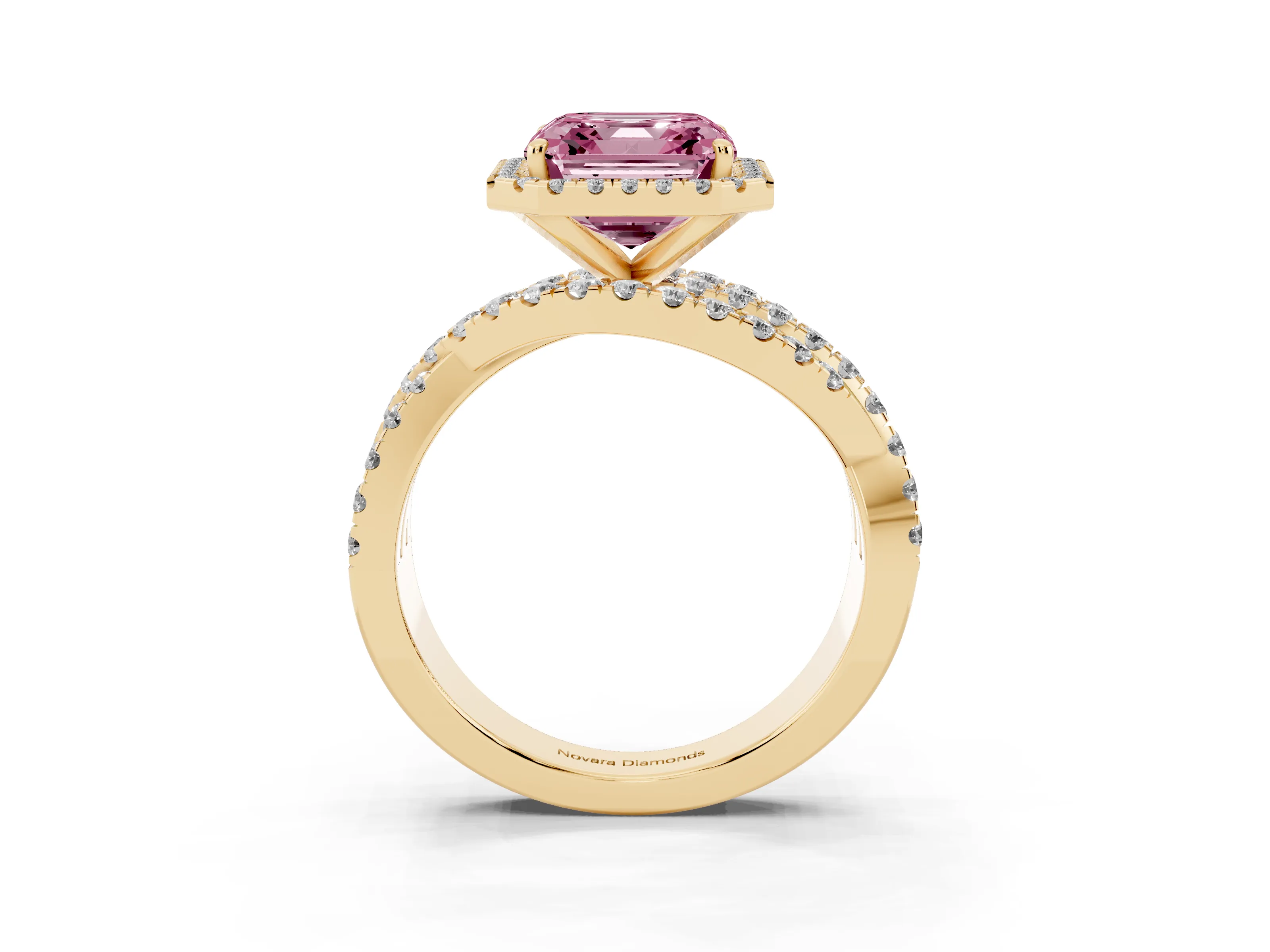 Fancy Pink Asscher Cut Diamond Halo Ring Set in Yellow gold with Round Crossover Split Shank and Prong Setting