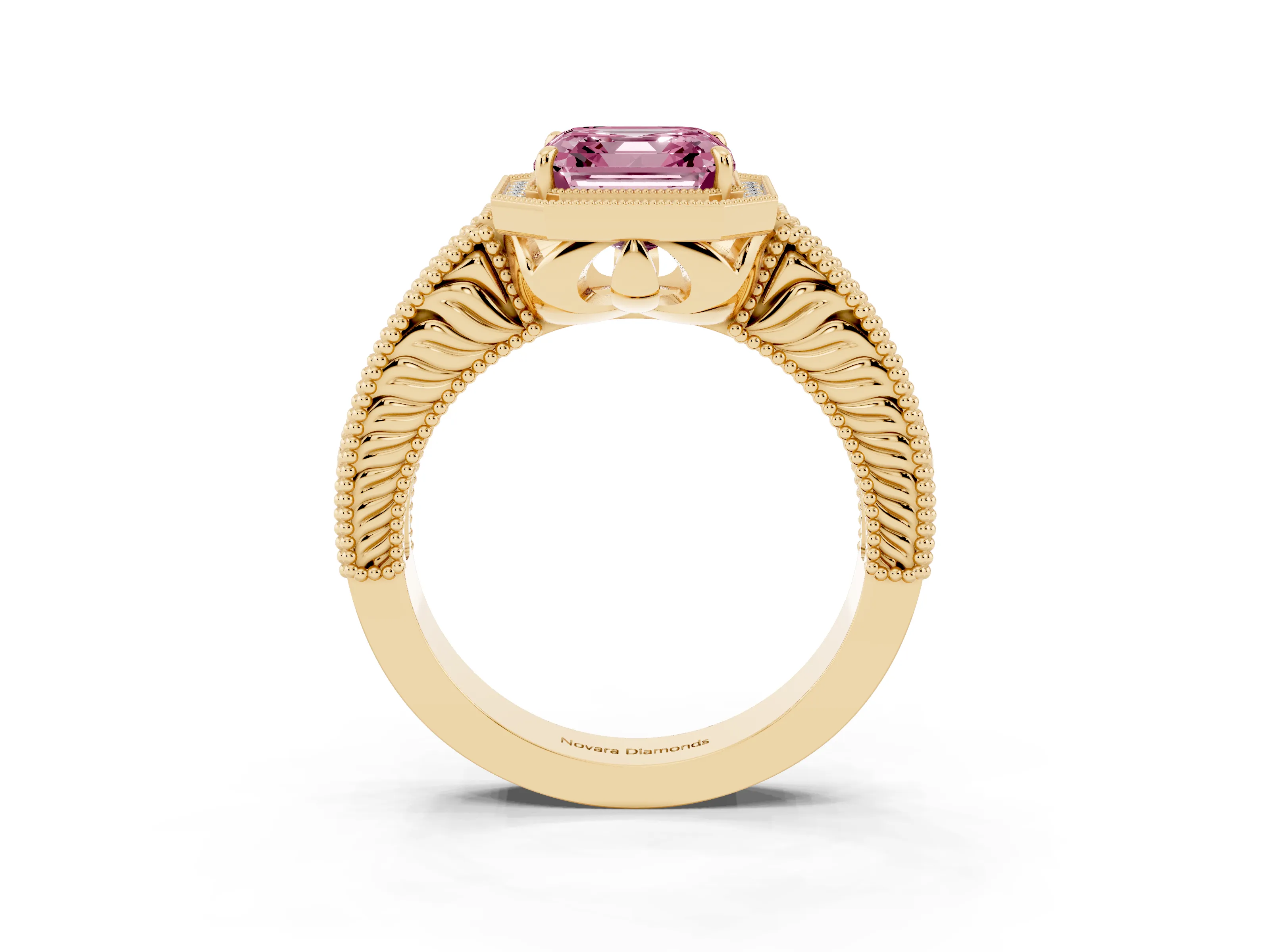 Fancy Pink Asscher Cut Diamond Halo Ring Set in Yellow gold with Round Accent Halo, Pavé Band and Prong Setting