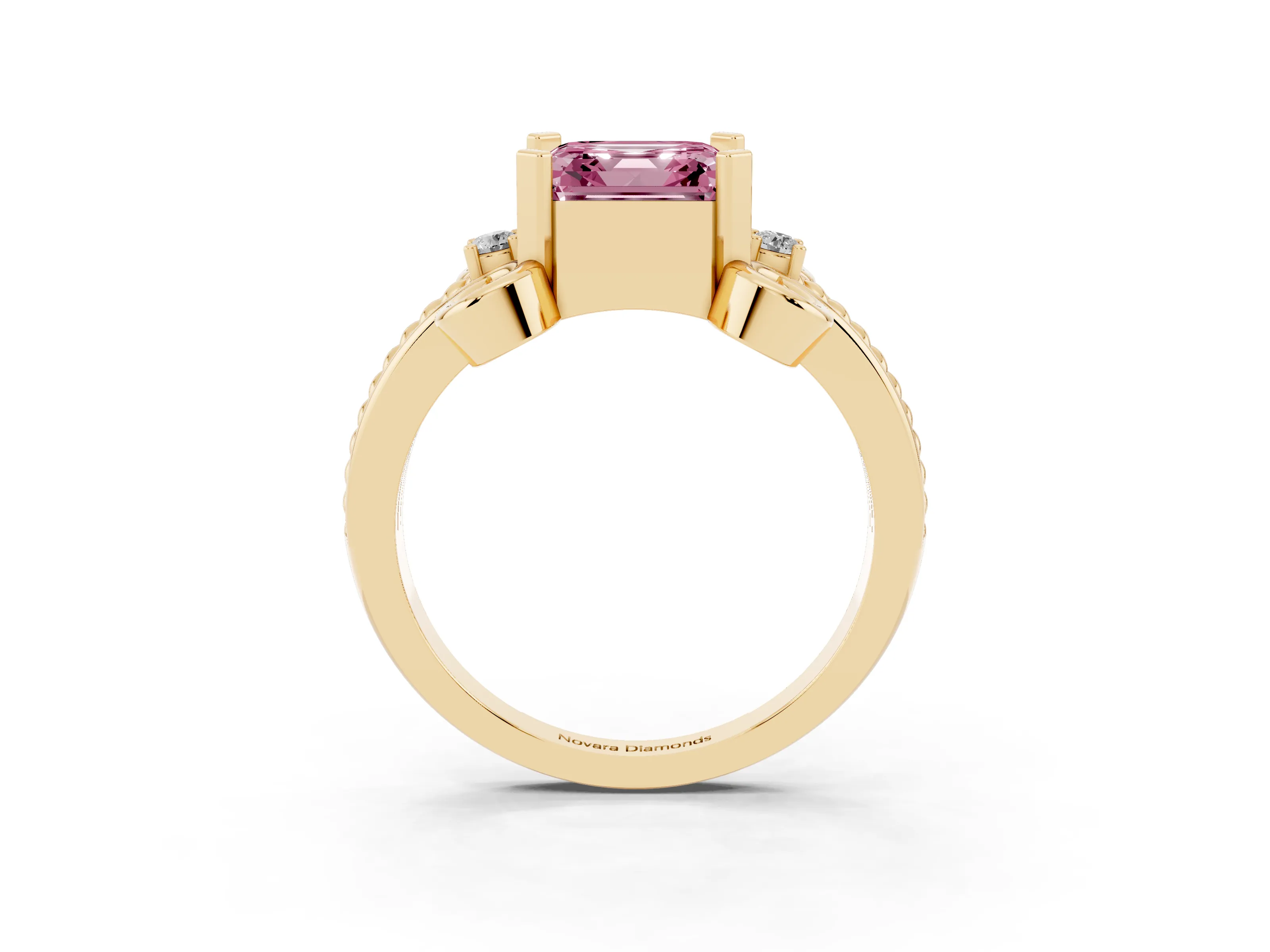 Fancy Pink Asscher Cut Diamond Twisted Band Solitaire Ring Set in Yellow gold with Scroll Prongs
