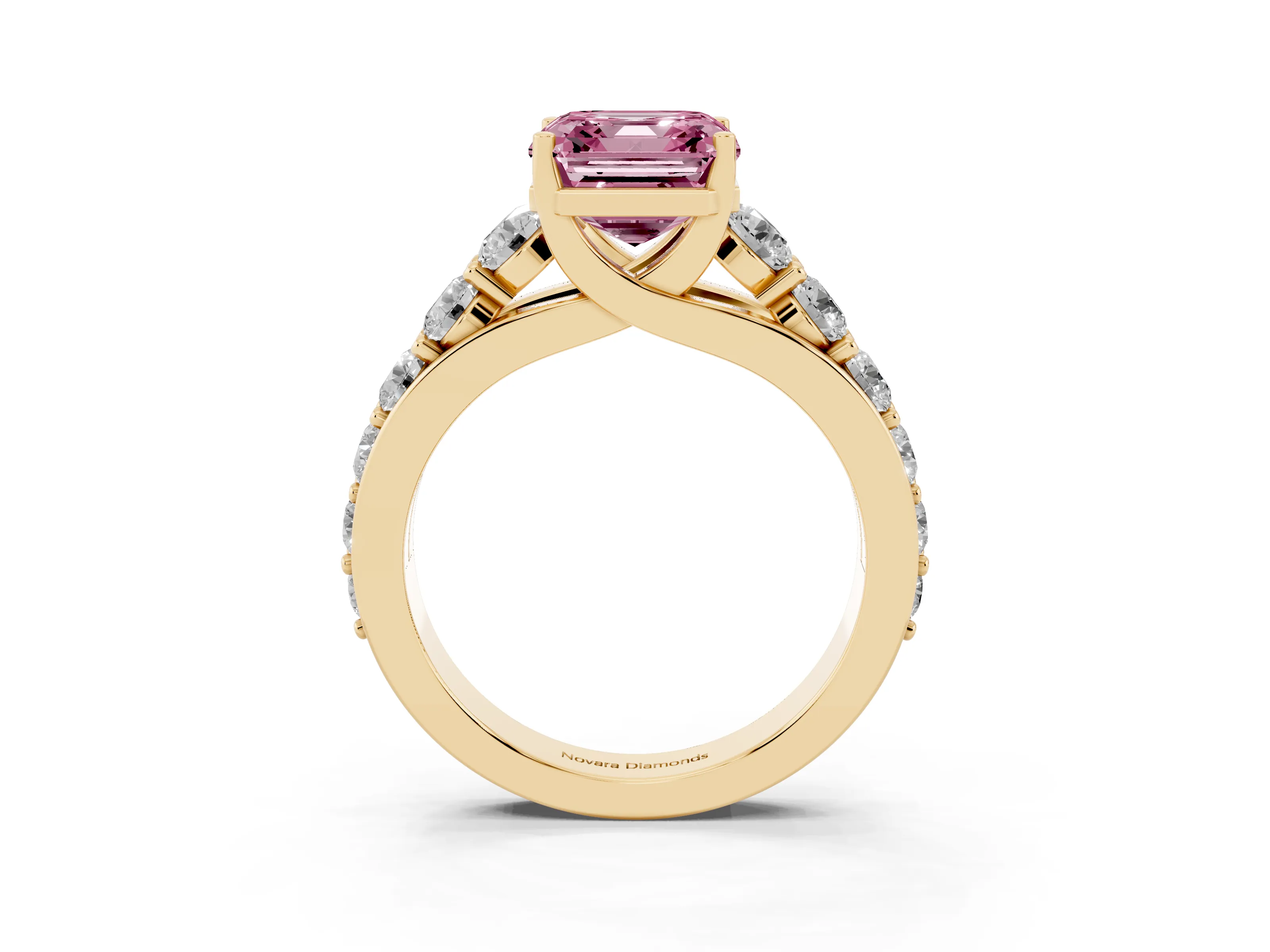 Fancy Pink Asscher Cut Diamond Pavé Engagement Ring Set in Yellow gold with Prong Setting