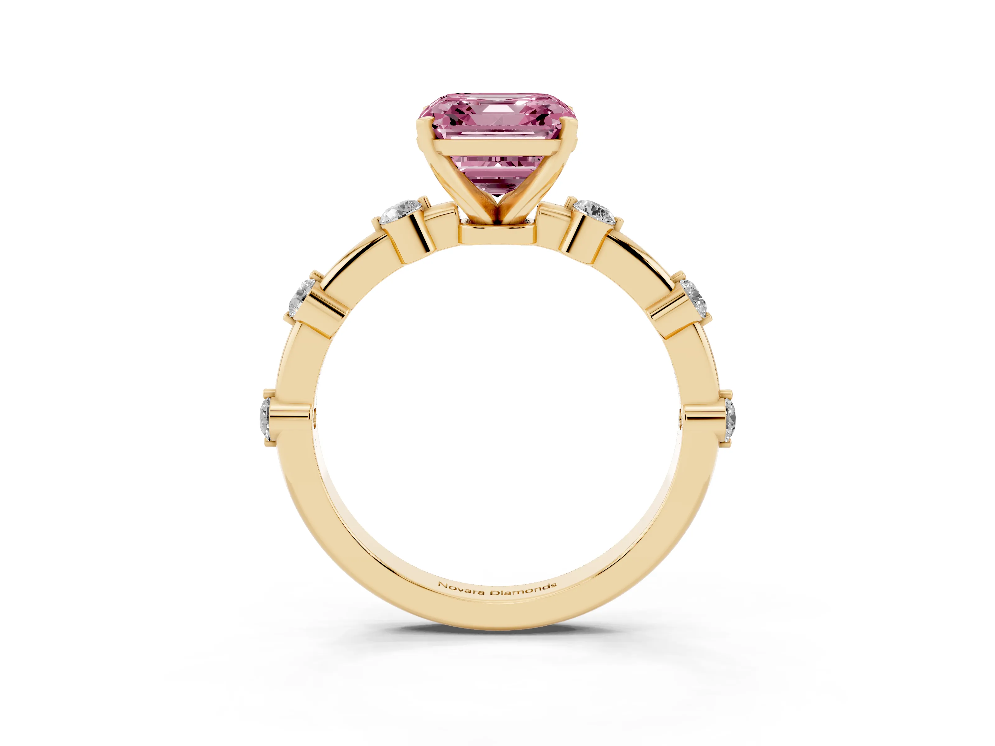 Fancy Pink Asscher Cut Diamond Solitaire Ring Set in Yellow gold with Bezel Set Side Stones and Prong Setting