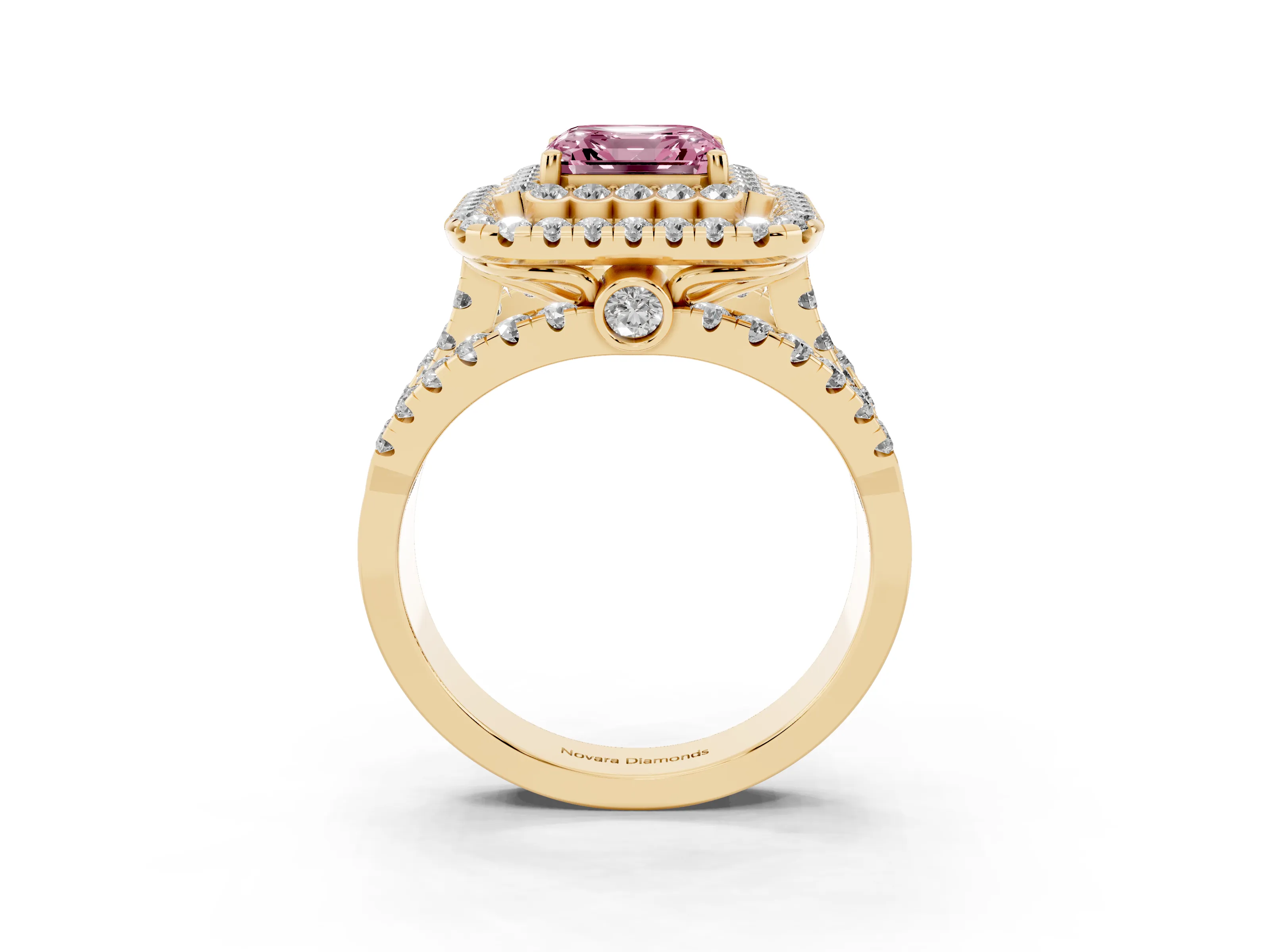 Fancy Pink Asscher Cut Diamond Double Halo Ring Set in Yellow gold with Round Pavé Split Shank