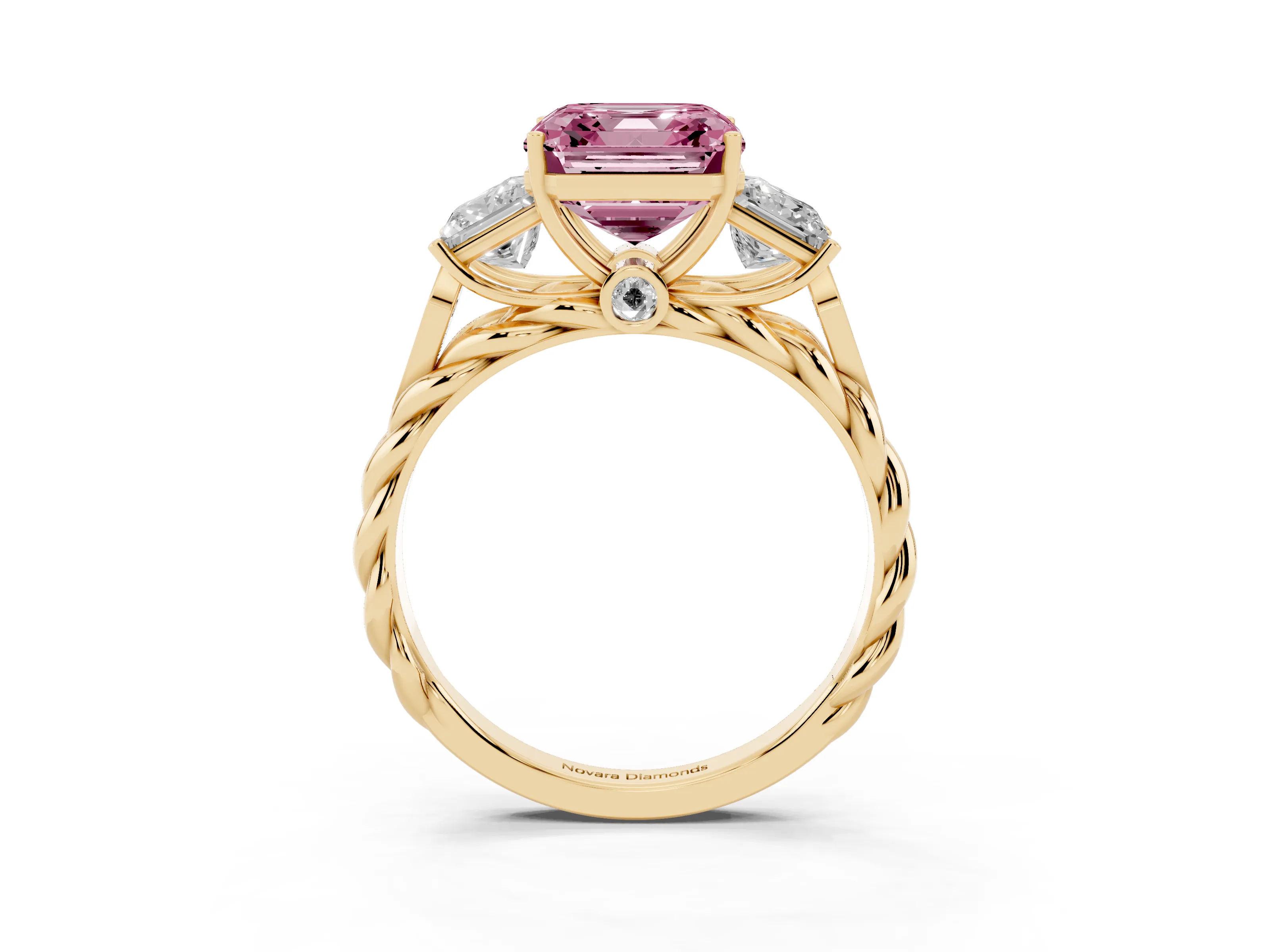 Fancy Pink Asscher Cut Diamond Three-Stone Ring Set in Yellow gold with Braided Band