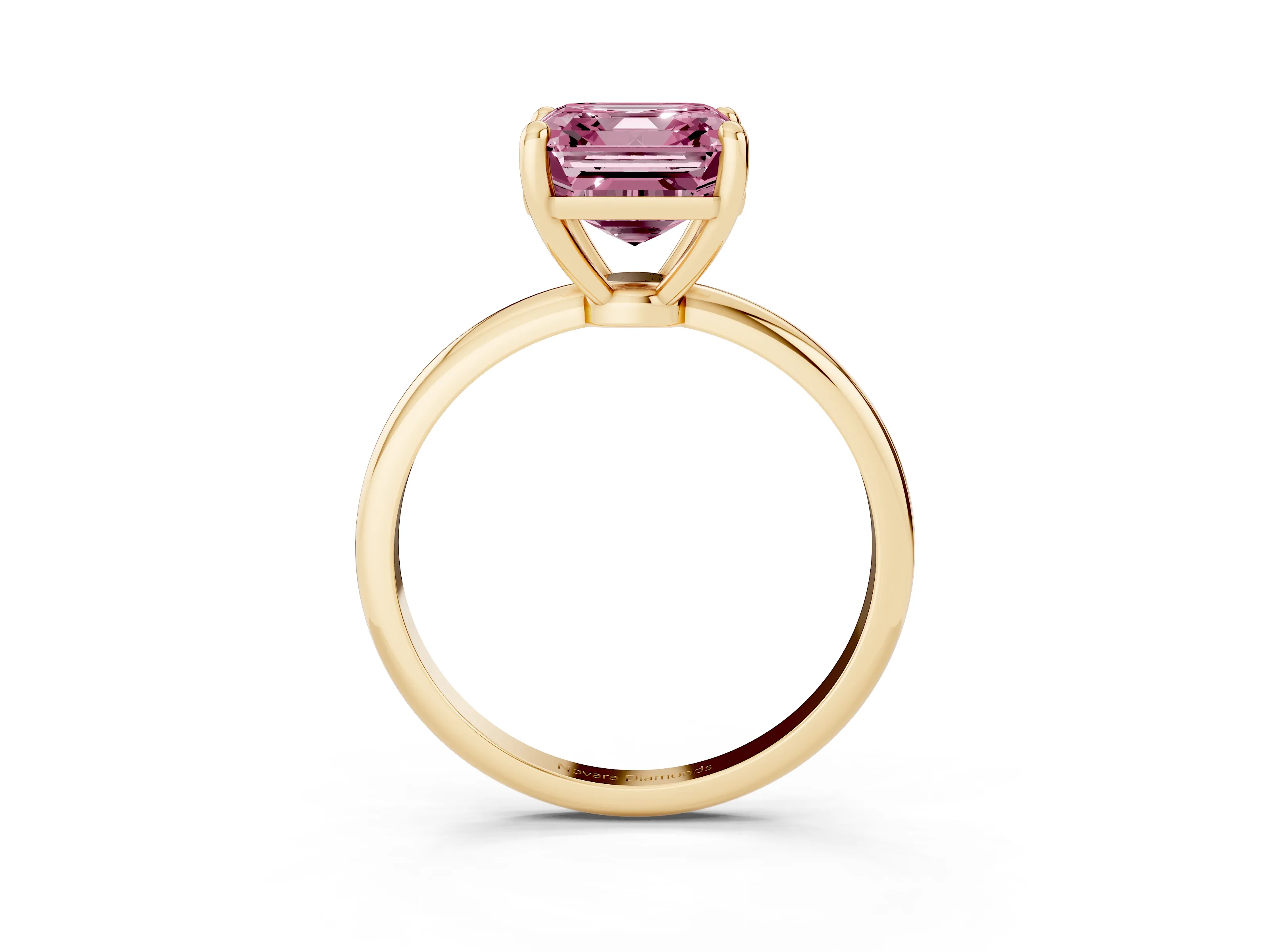 Fancy Pink Asscher Cut Diamond Solitaire Ring Set in Yellow gold with Secure Prong Setting on a Classic Band