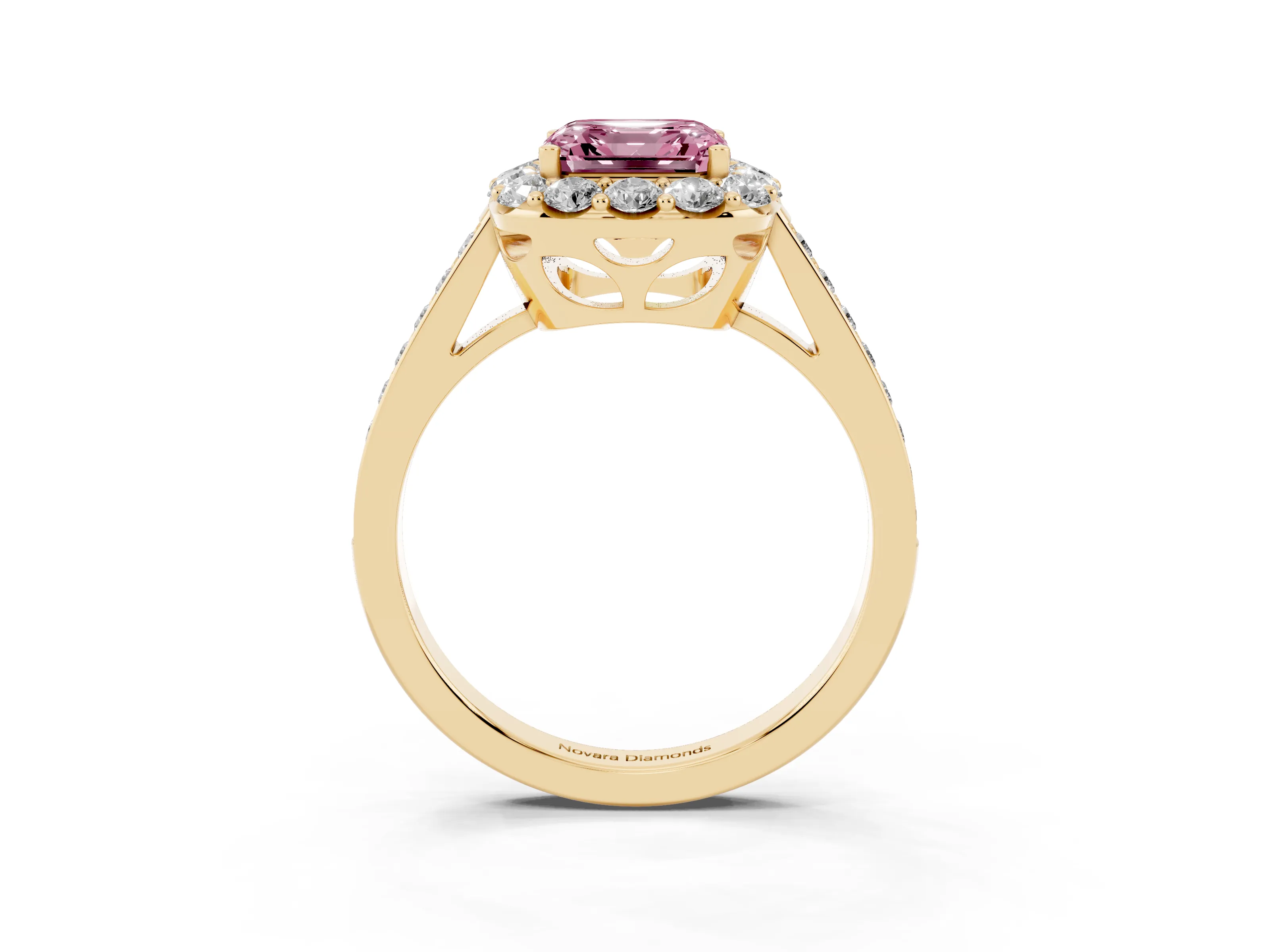 Fancy Pink Asscher Cut Diamond Floral Halo Ring Set in Yellow gold with Pavé Band and Prong Setting
