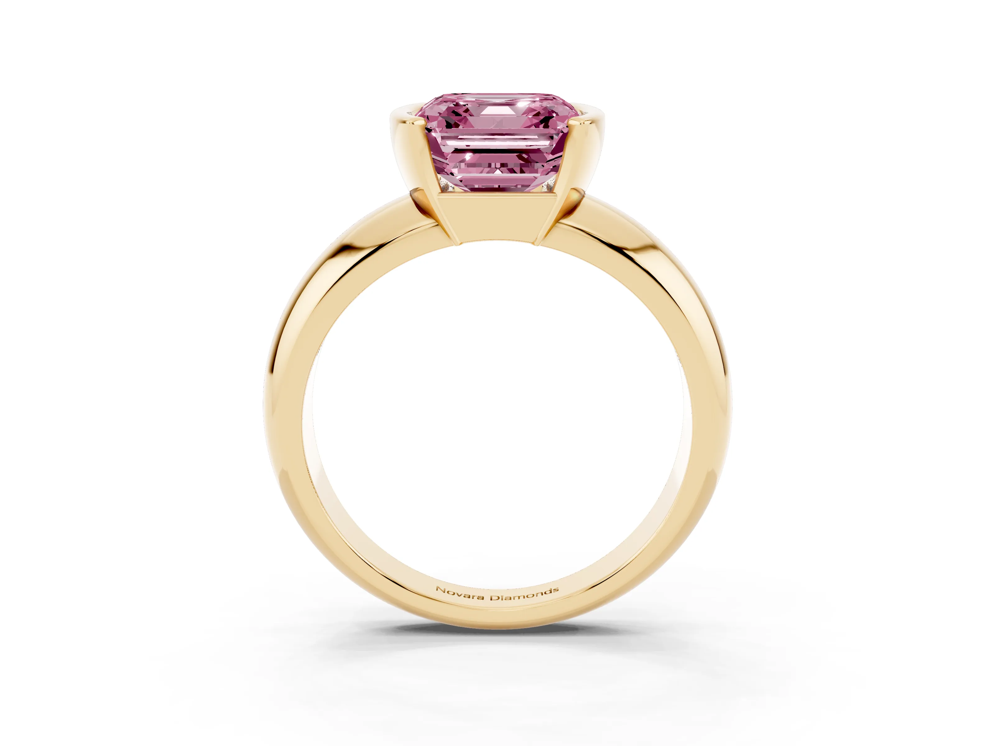 Fancy Pink Asscher Cut Diamond Solitaire Tension Set Ring Set in Yellow gold with Wide Band