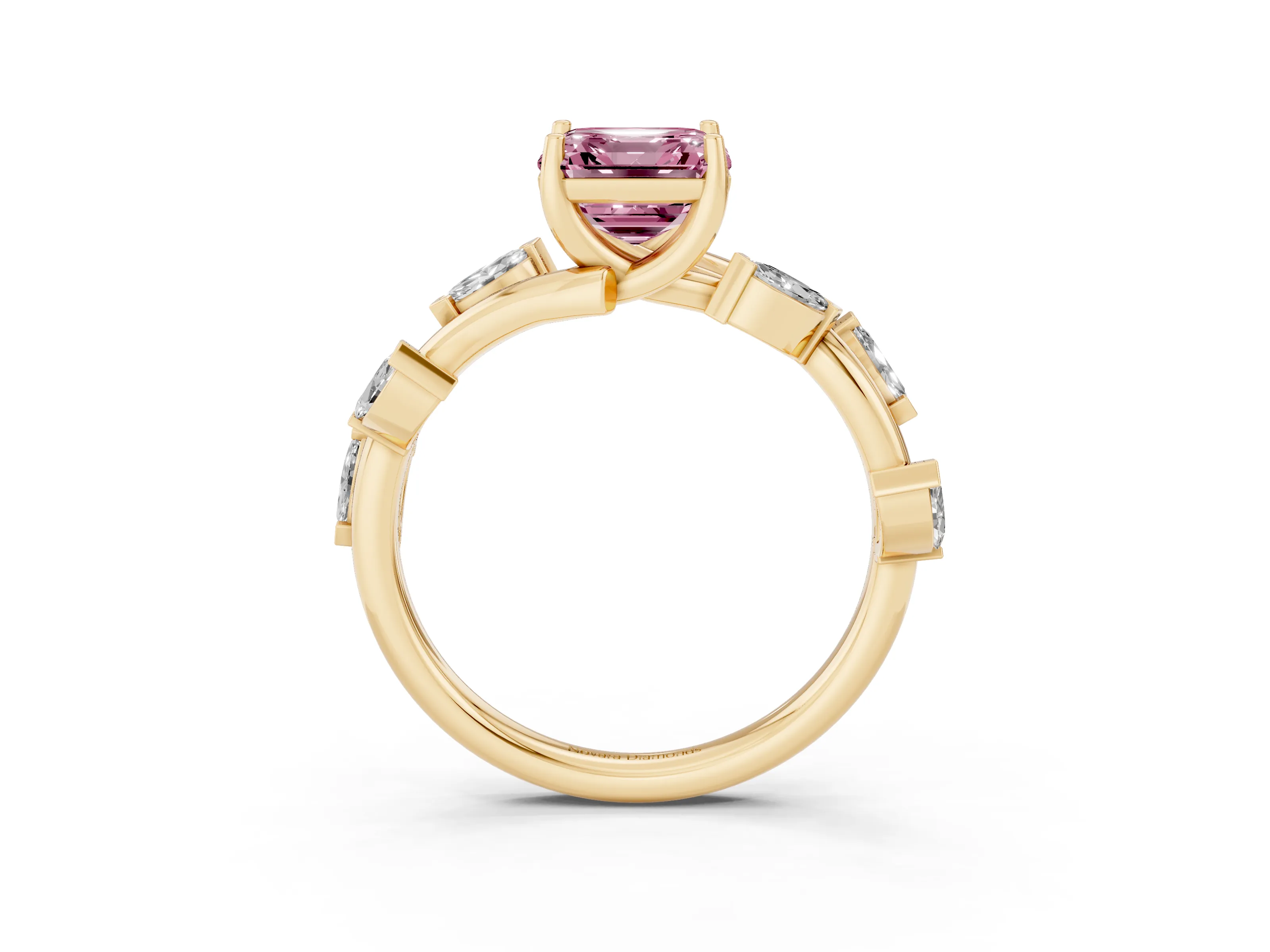 Fancy Pink Asscher Cut Diamond Solitaire Ring Set in Yellow gold with Twisted Marquise Accent Band