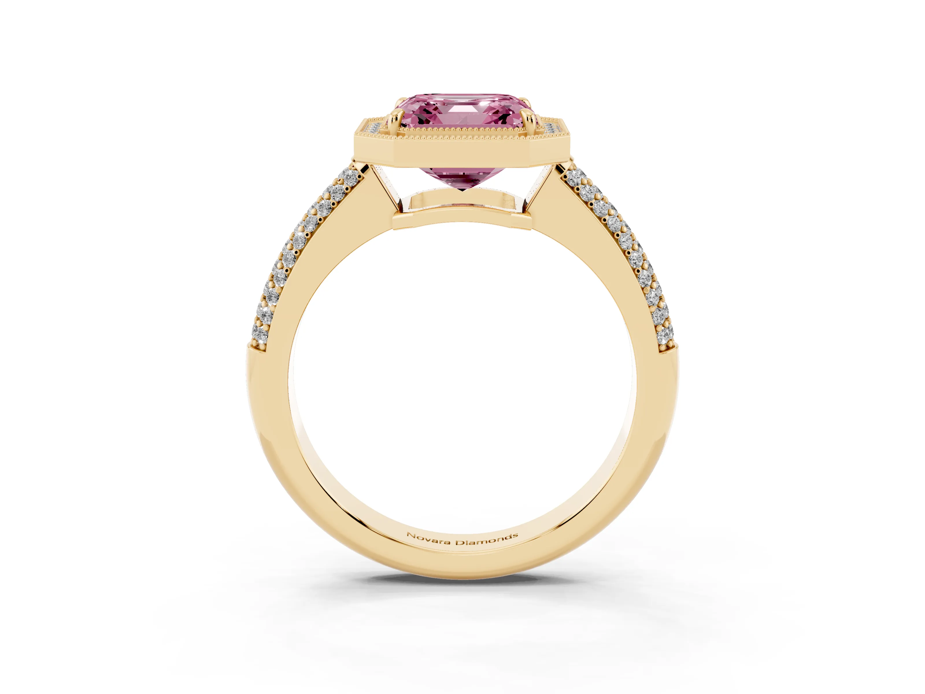 Fancy Pink Asscher Cut Diamond Halo Pavé Band Set in Yellow gold with Prong Setting
